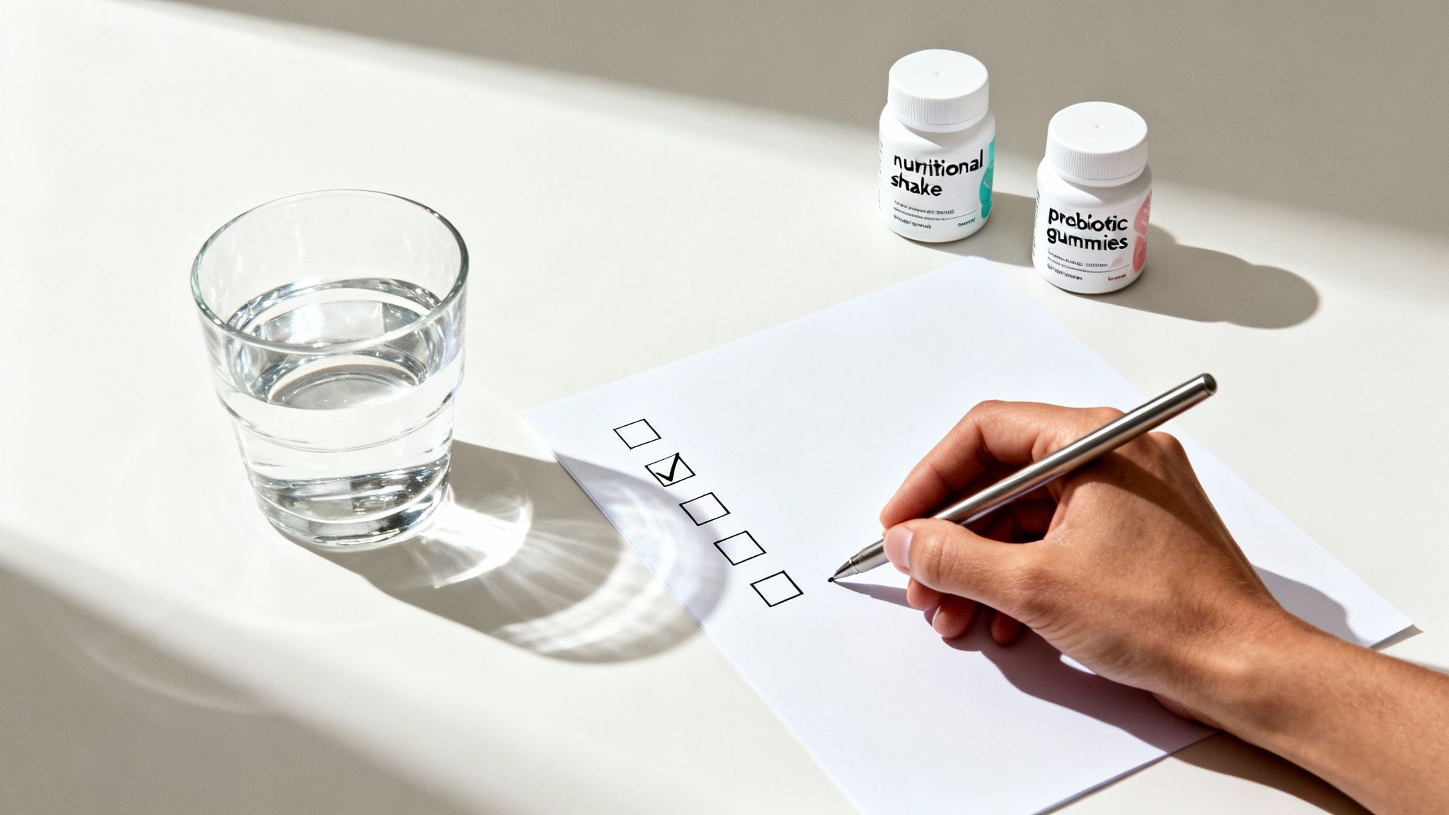 A person's hand checks off tasks on a health checklist with supplements and water nearby.