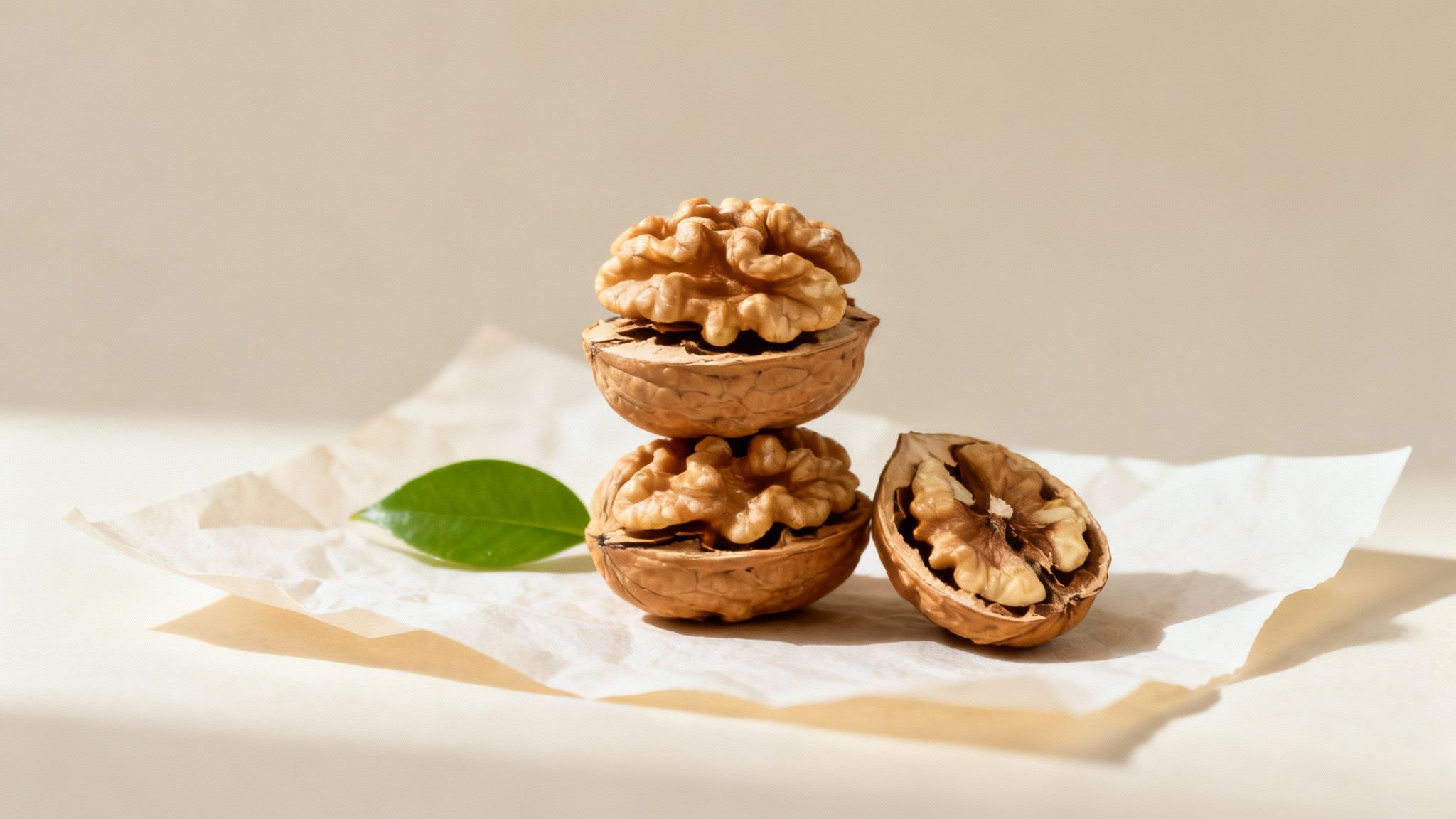 Walnuts displayed in shells with kernels showing healthy omega-3 rich plant-based food source