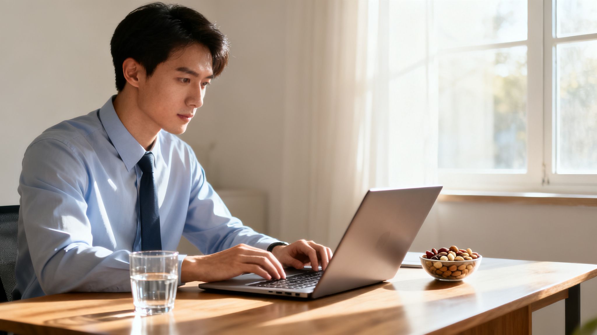 Young Asian man in a blue shirt working on a laptop at a sunny wooden desk.