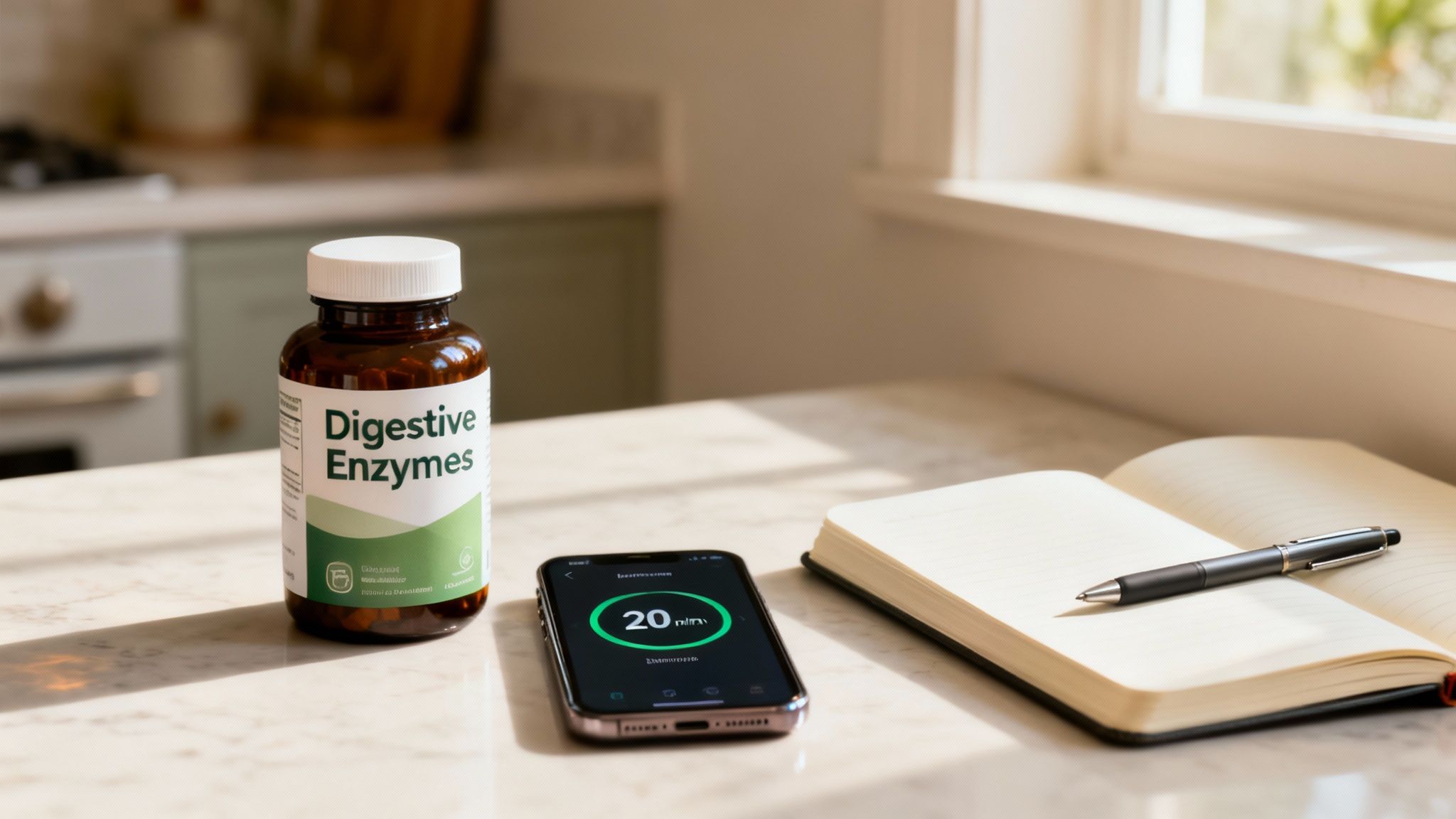 Digestive enzyme supplement bottle, smartphone displaying a timer, and an open notebook on a kitchen counter.