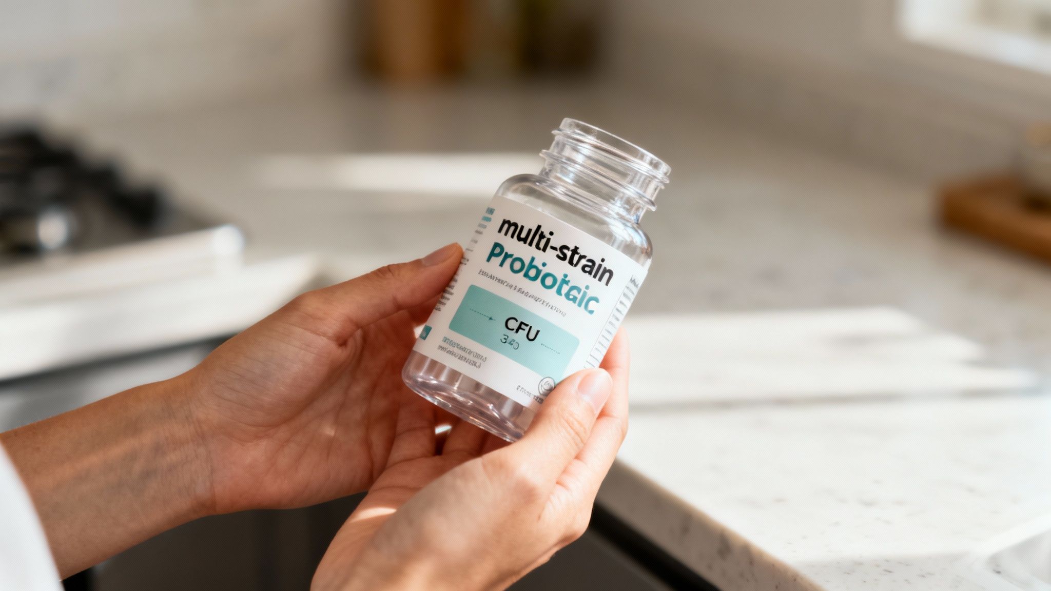 A person's hands carefully holding a bottle of probiotic supplements, with a blurred background of a modern kitchen.