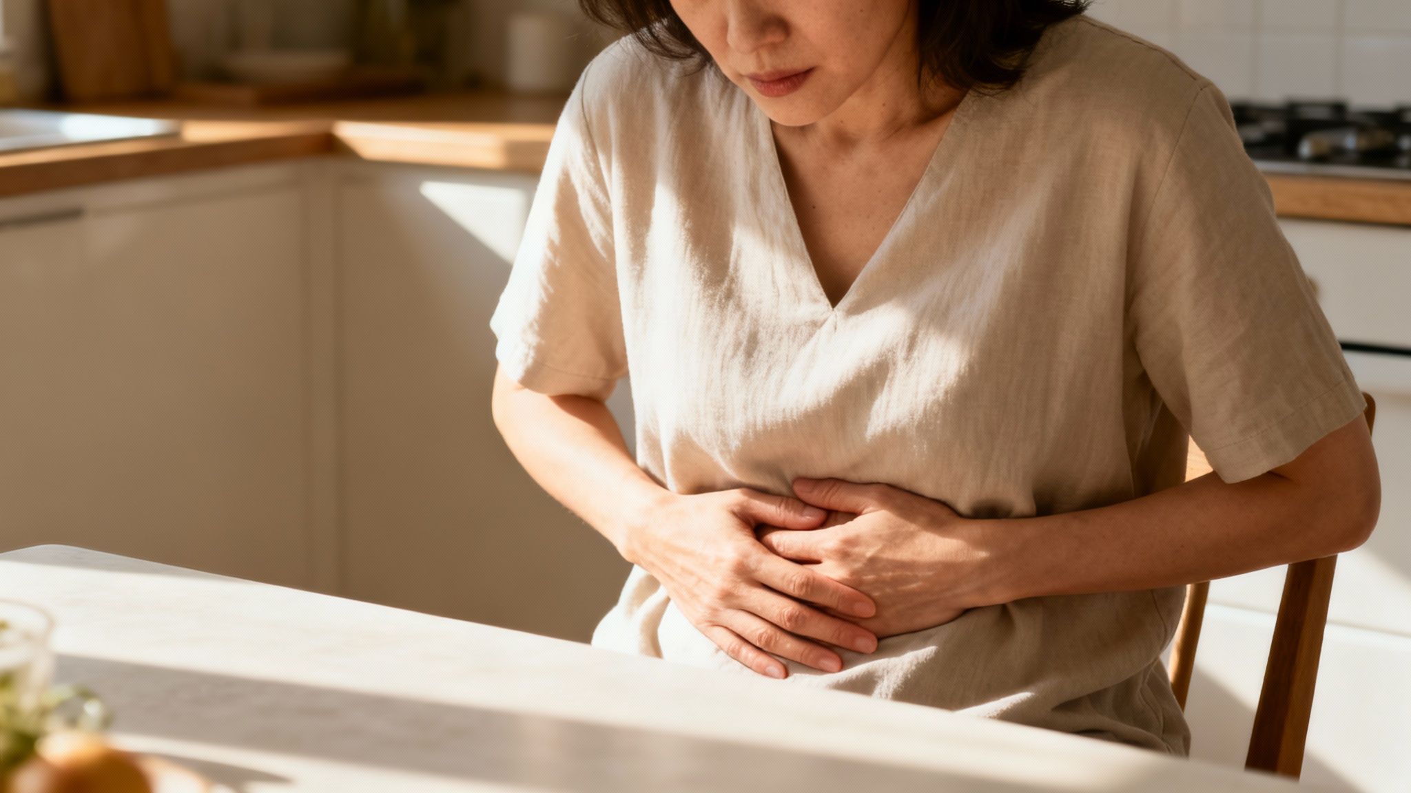 A woman holding her stomach in pain or discomfort, sitting at a table in a sunlit kitchen.