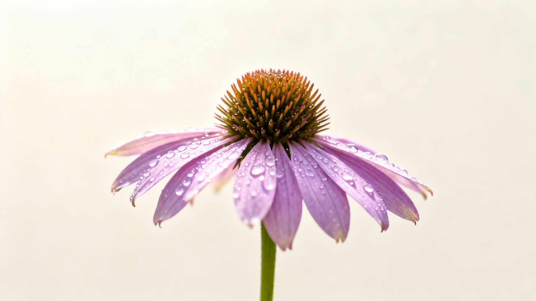Close-up of a vibrant purple coneflower with glistening dew drops on its petals.