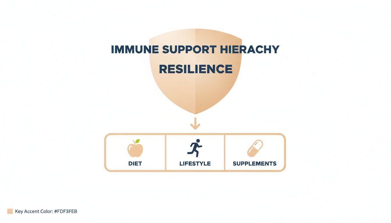 An infographic illustrating the immune support hierarchy: resilience, diet, lifestyle, and supplements.