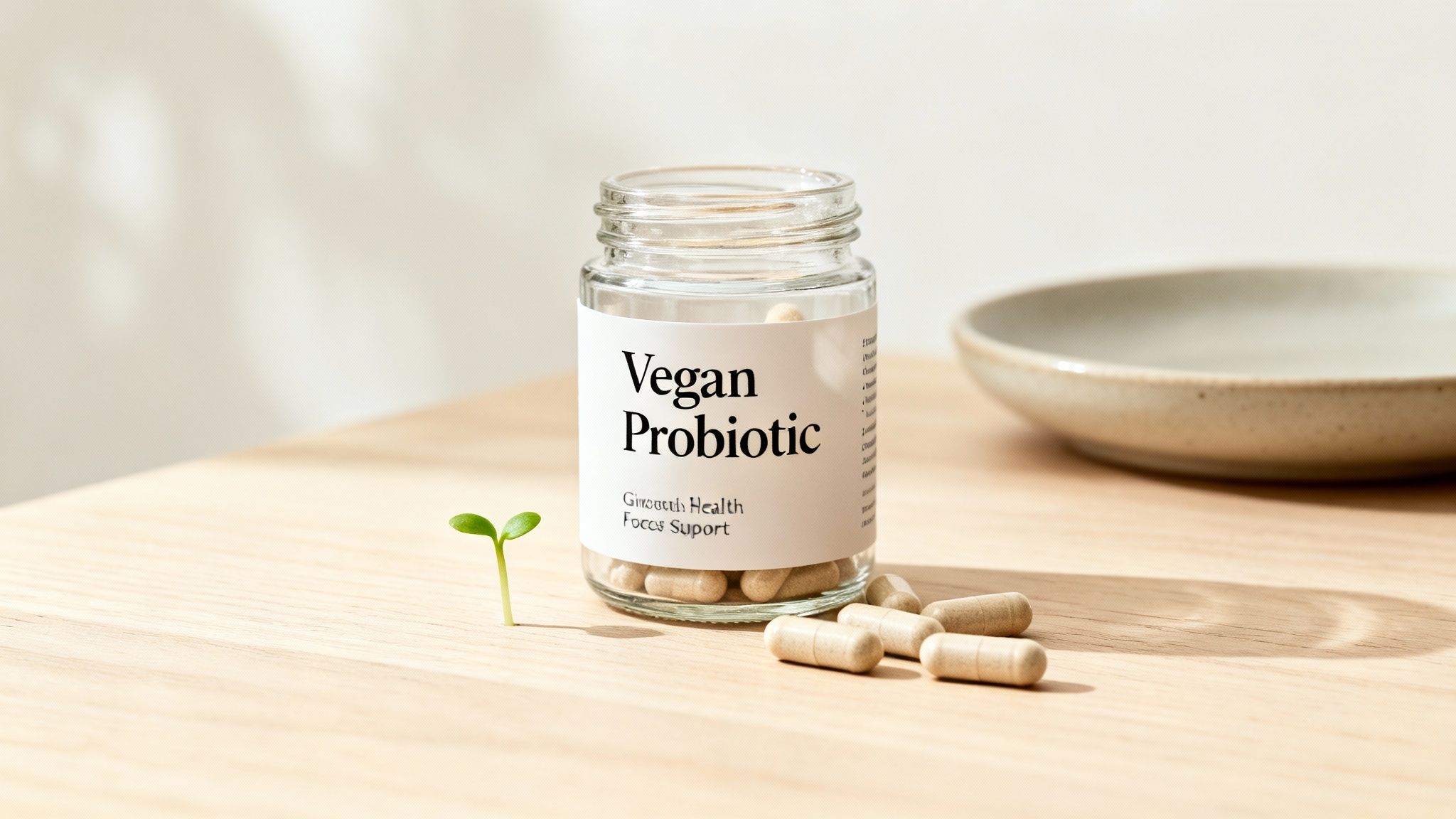 Clear glass jar of "Vegan Probiotic" capsules with a small green sprout on a wooden surface.