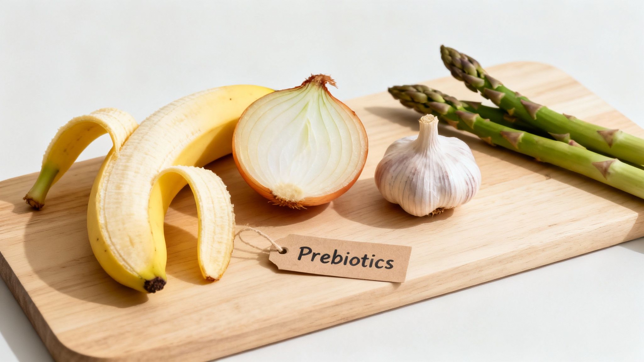 A wooden board displays prebiotic foods: a peeled banana, half an onion, garlic, and asparagus.