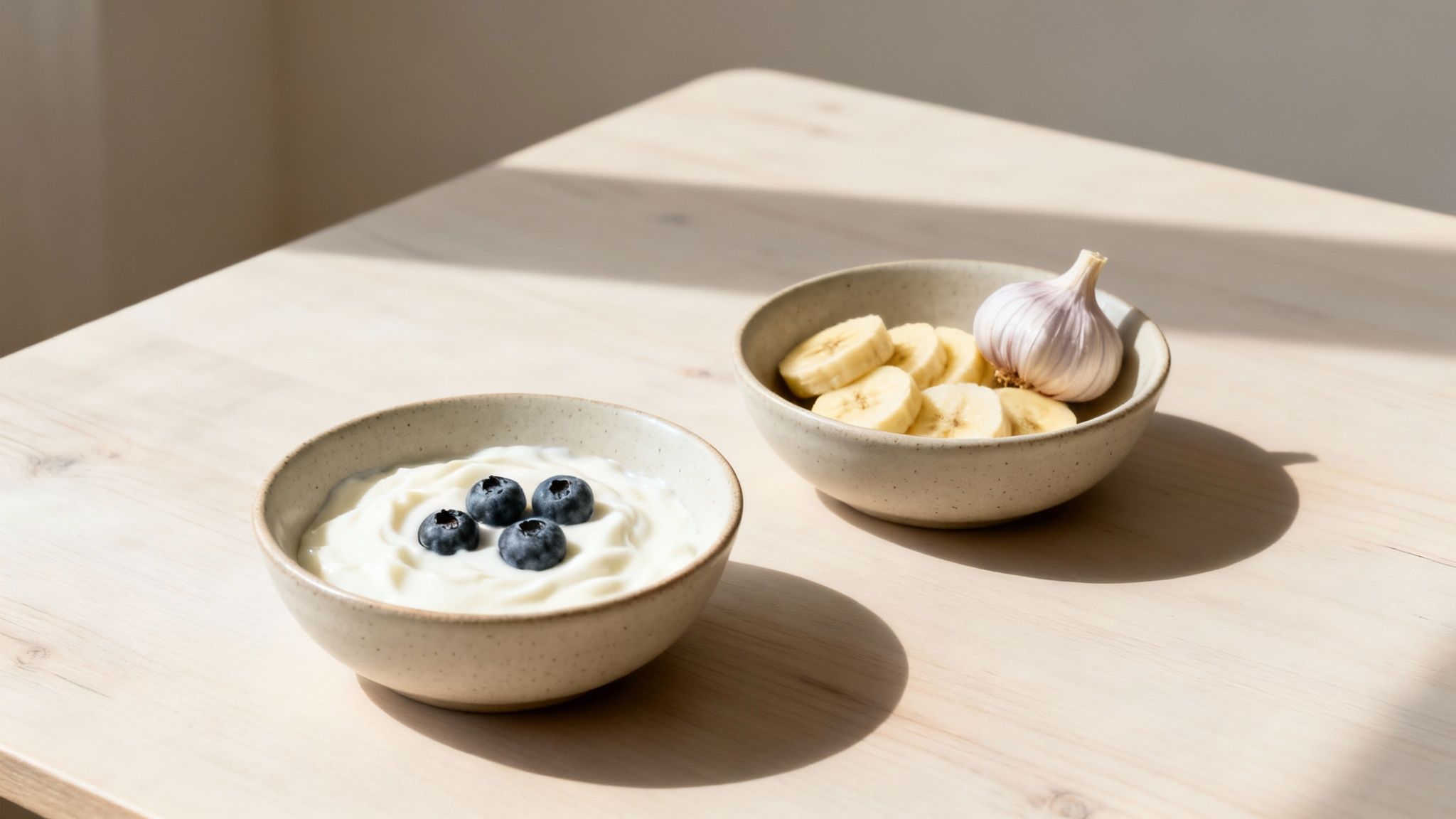 Two ceramic bowls on a light wooden table. One with yogurt and blueberries, the other with sliced bananas and a head of garlic.