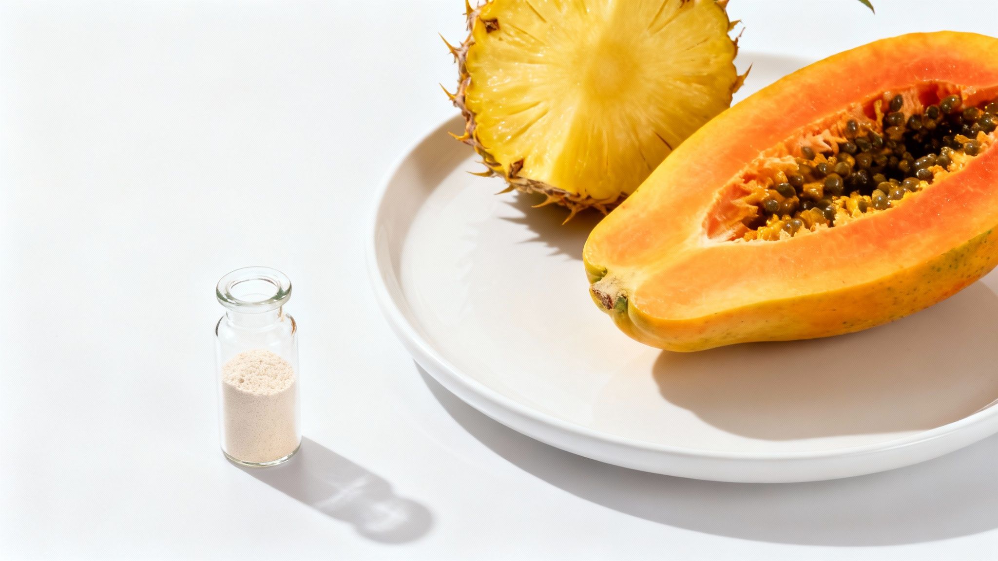 A vial of natural supplement powder next to fresh sliced pineapple and papaya for digestion.