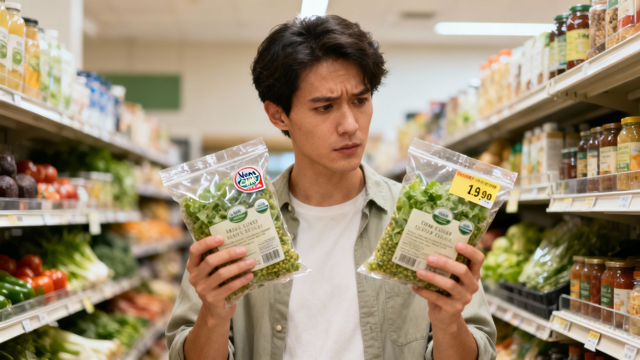 Woman looking thoughtfully at a food label in a grocery store aisle