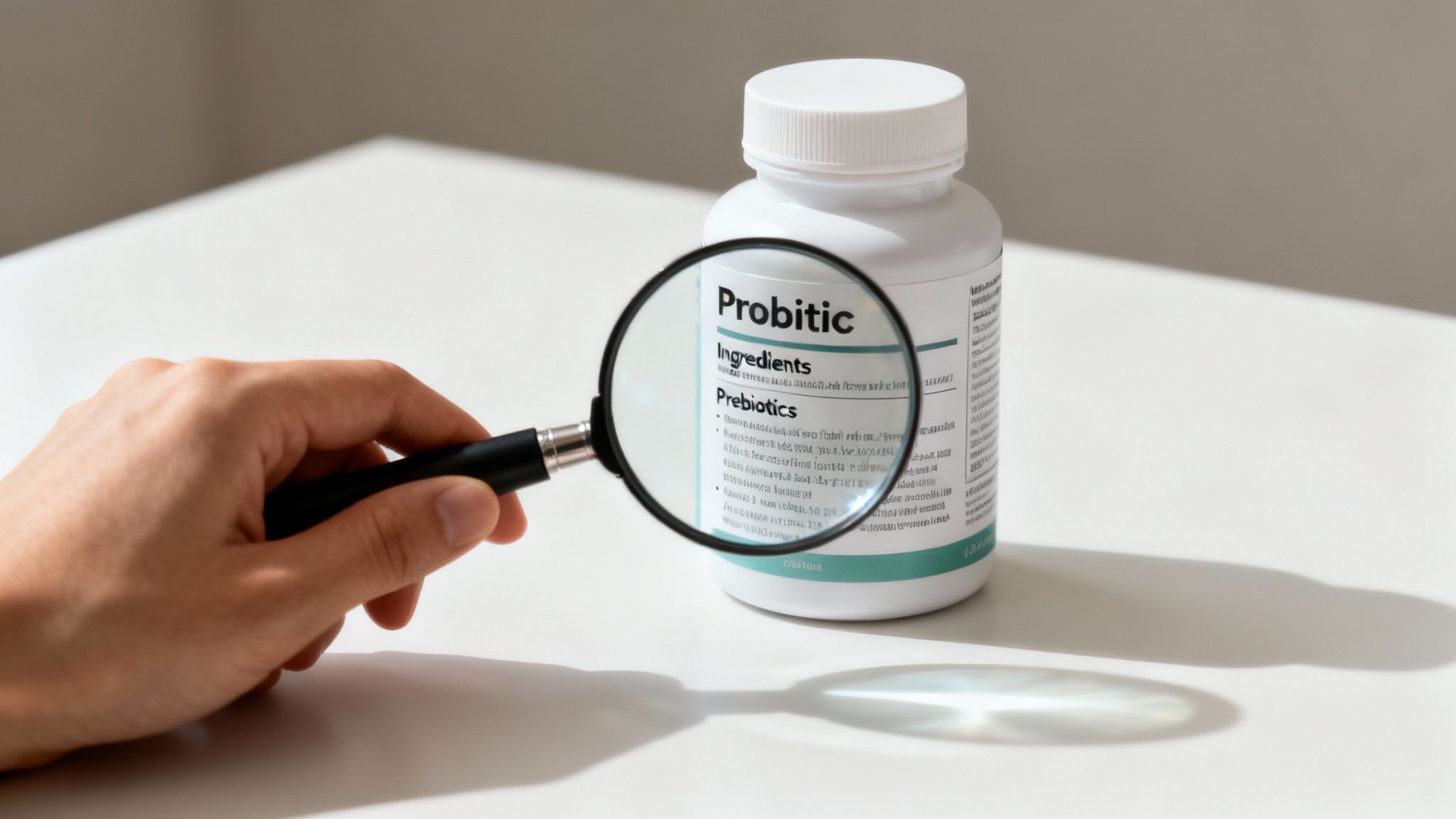 A hand holds a magnifying glass over a probiotic bottle to examine the ingredients list.