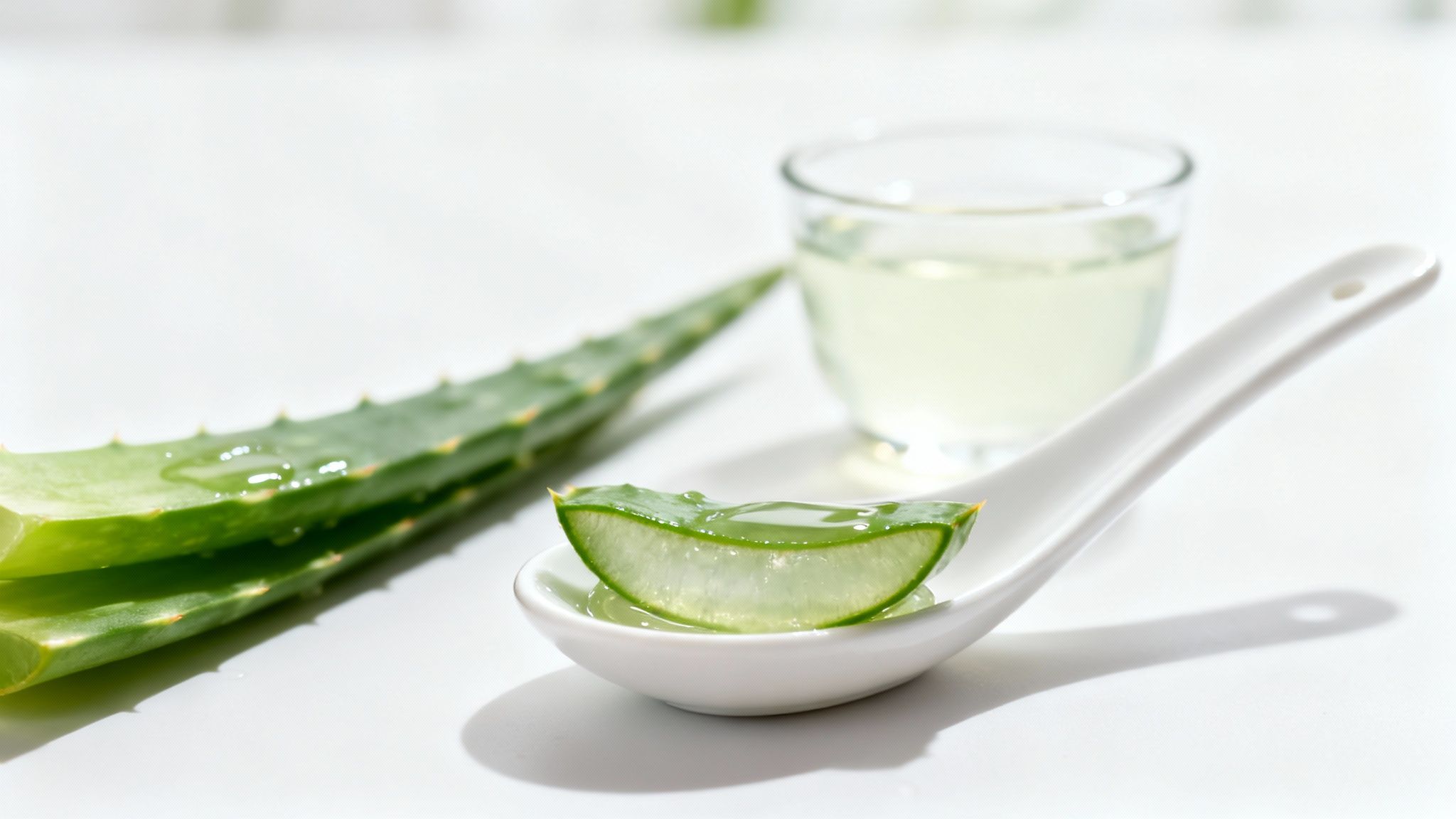 Fresh aloe vera leaf, a spoon with aloe gel slice, and a glass of juice on white.