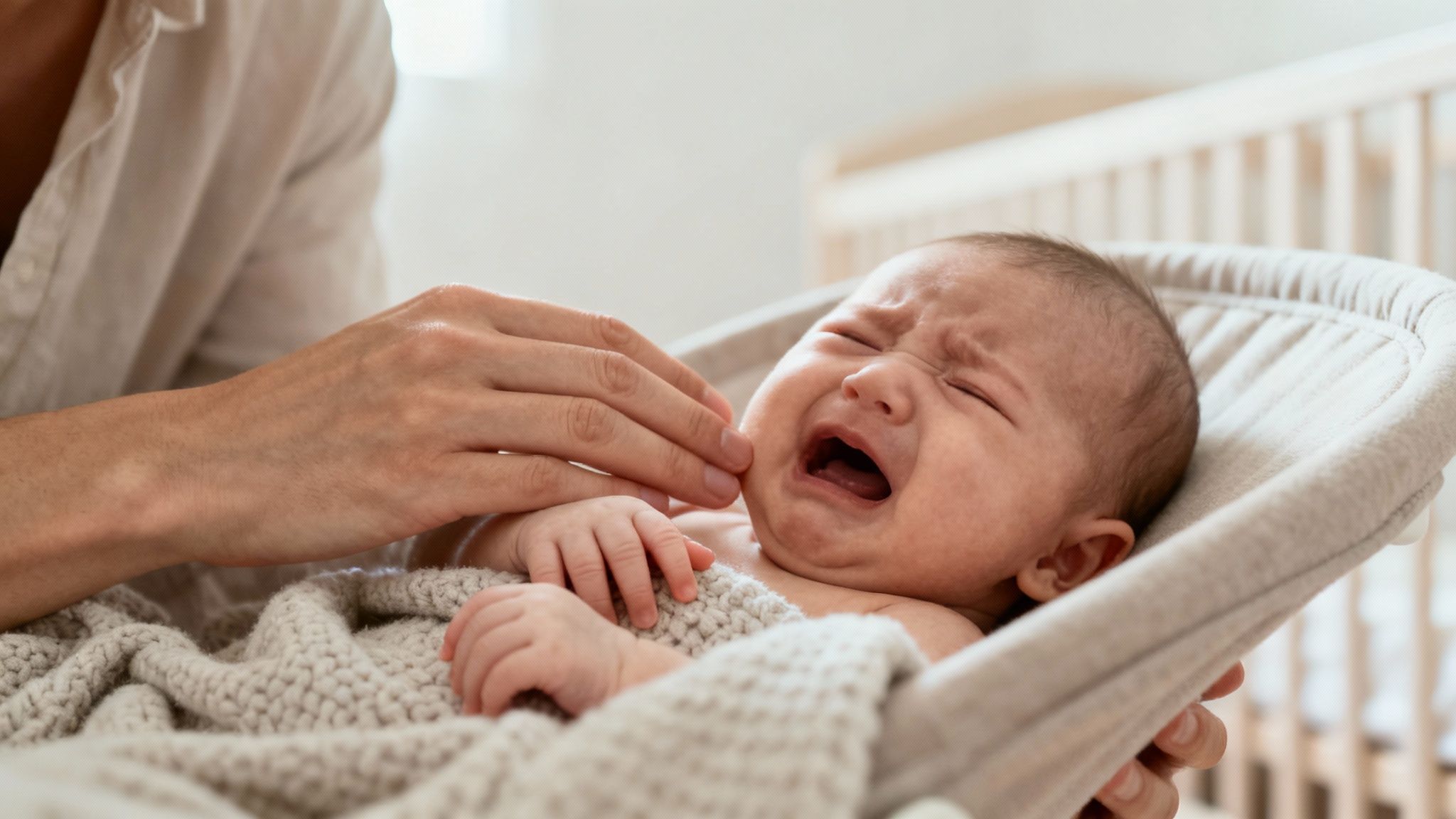 A parent holding a baby's hand gently, symbolizing care and comfort.