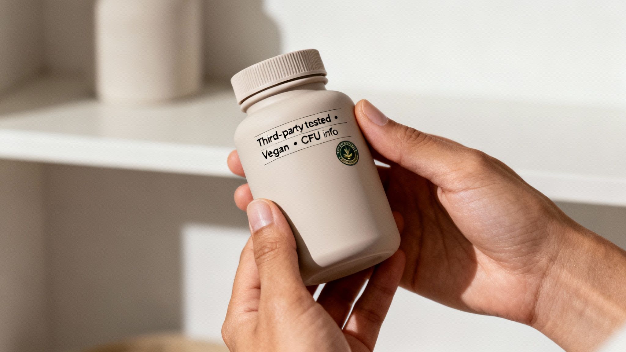 Close-up of hands holding a beige probiotic supplement bottle labeled 'Third-party tested' and 'Vegan'.