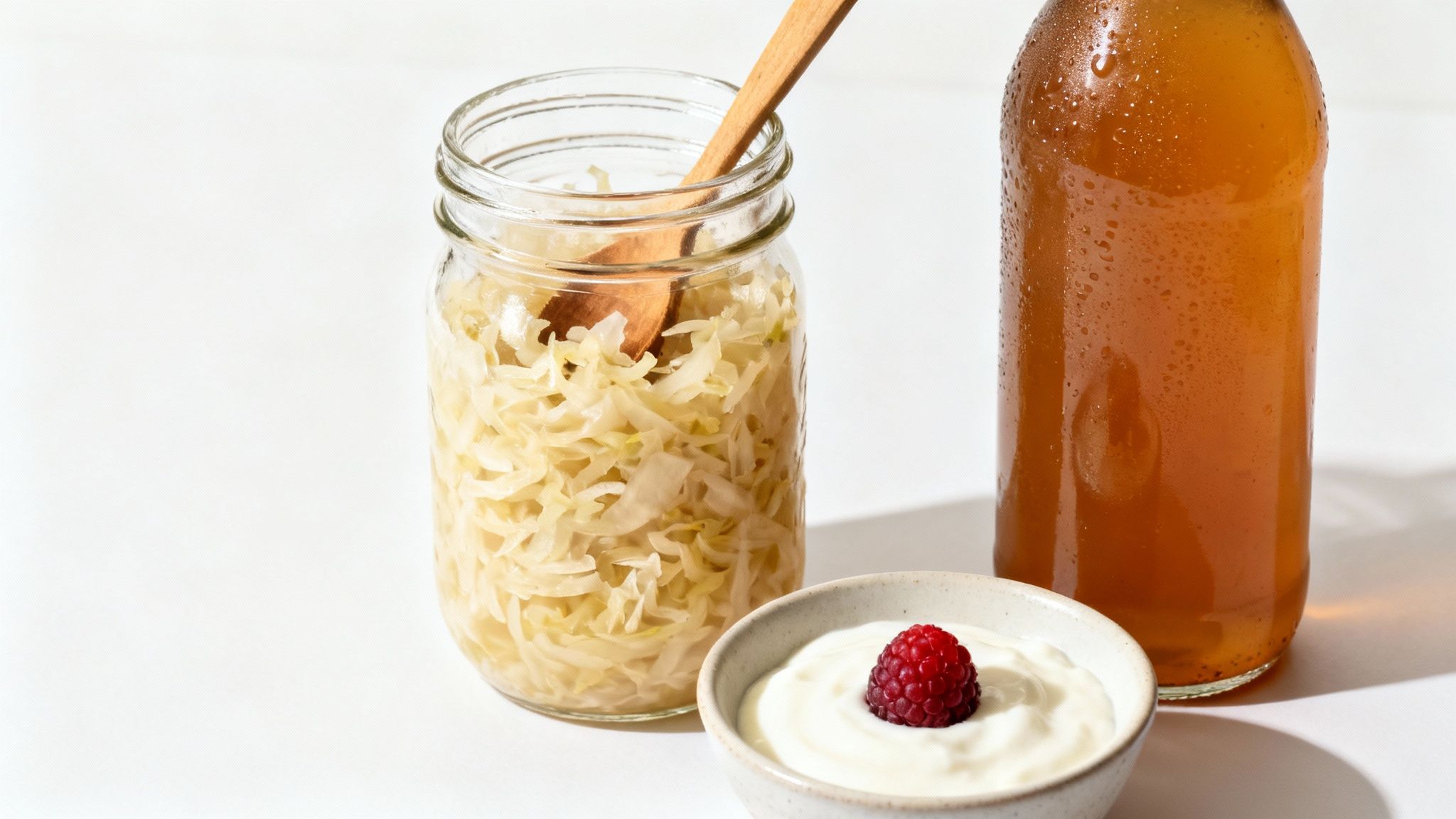 A jar of sauerkraut, a bottle of kombucha, and yogurt with a raspberry, representing probiotic foods.