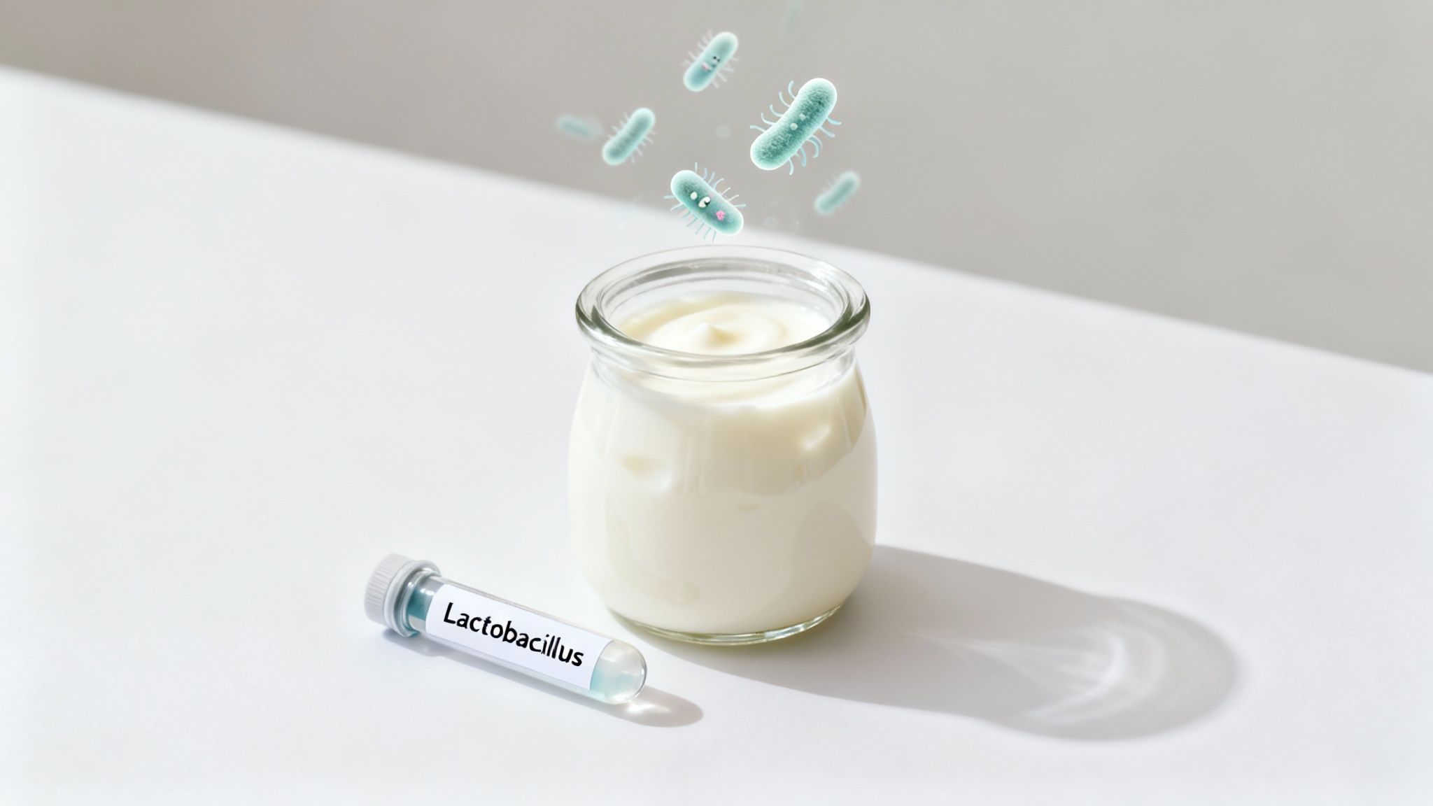 A jar of white yogurt with animated probiotics floating above it and a 'Lactobacillus' test tube.