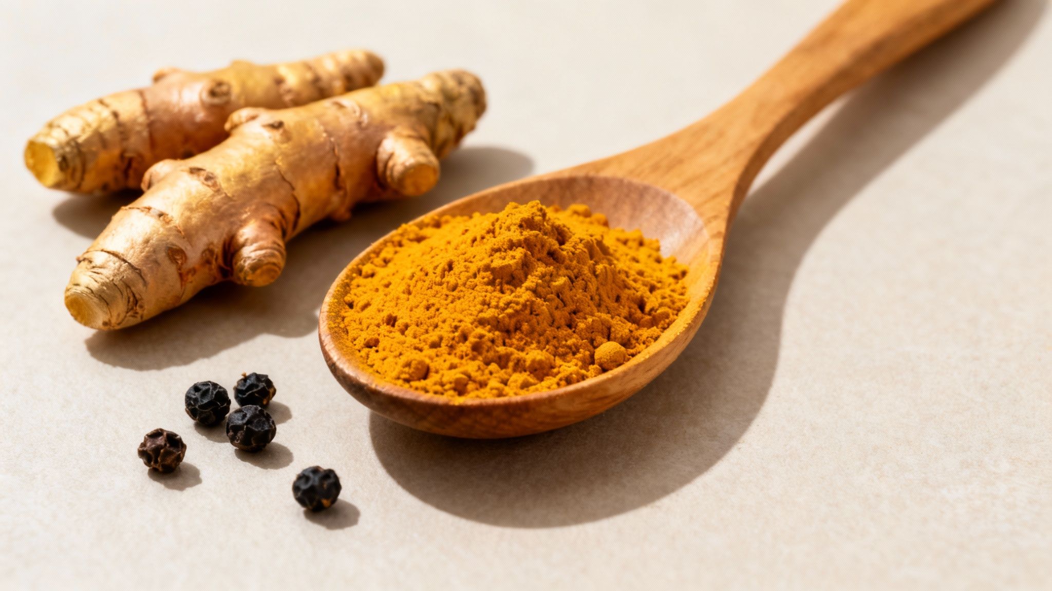 Close-up of fresh turmeric roots, vibrant turmeric powder in a wooden spoon, and black peppercorns.