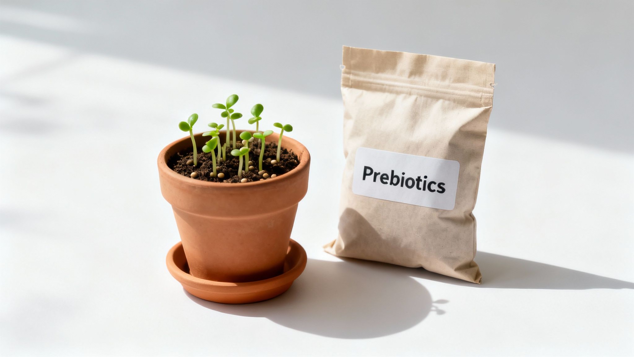 A woman happily holding a container of yogurt and a banana, symbolizing prebiotics and probiotics
