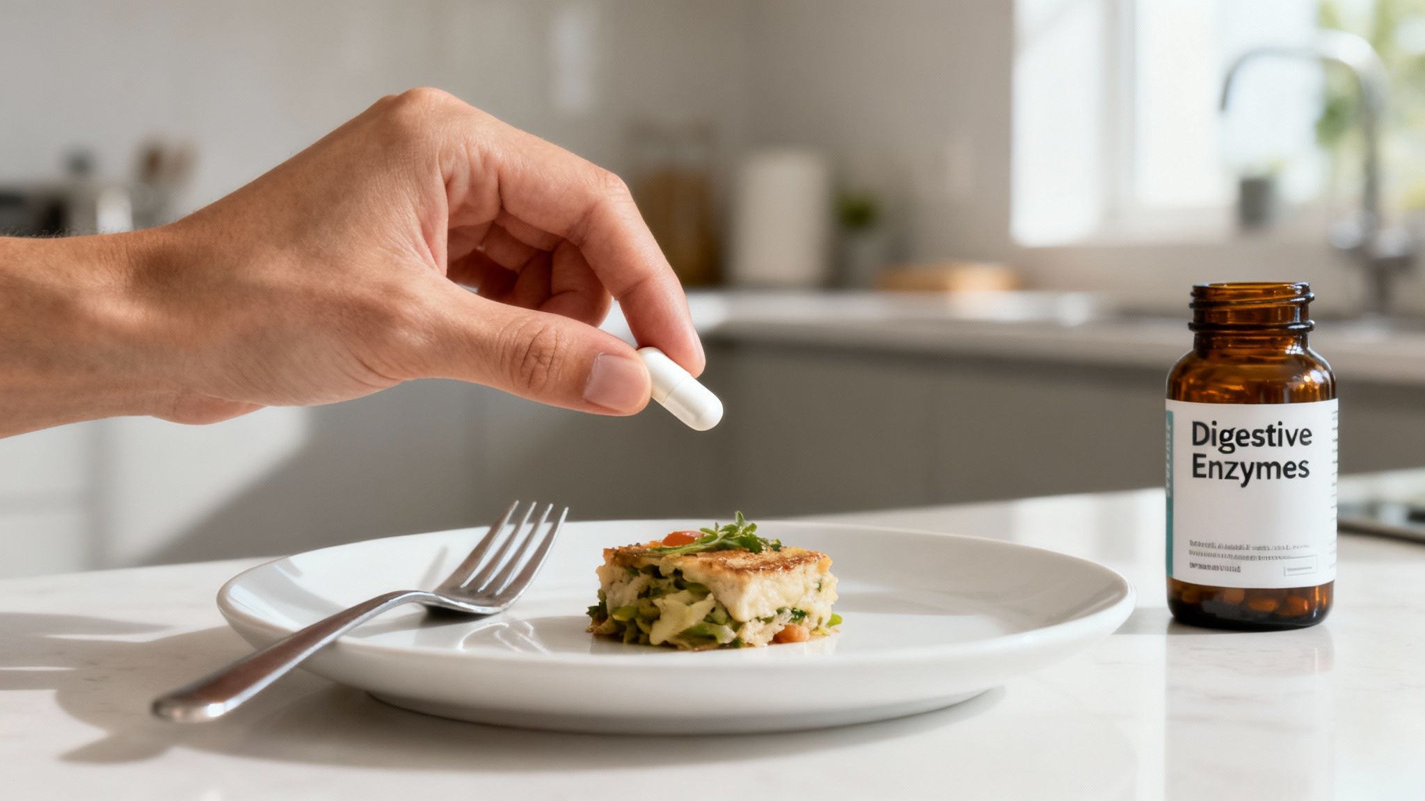A hand holds a white digestive enzyme capsule above a small dish of food, next to an enzyme bottle.