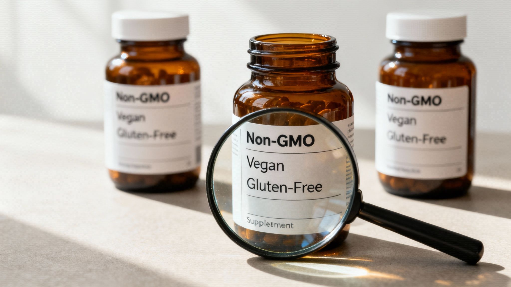 Magnifying glass examining vegan, non-GMO, gluten-free supplement bottle labels for health and wellness.