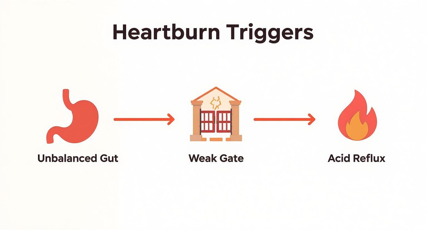 Diagram illustrating heartburn triggers: an unbalanced gut leads to a weak gate, causing acid reflux.