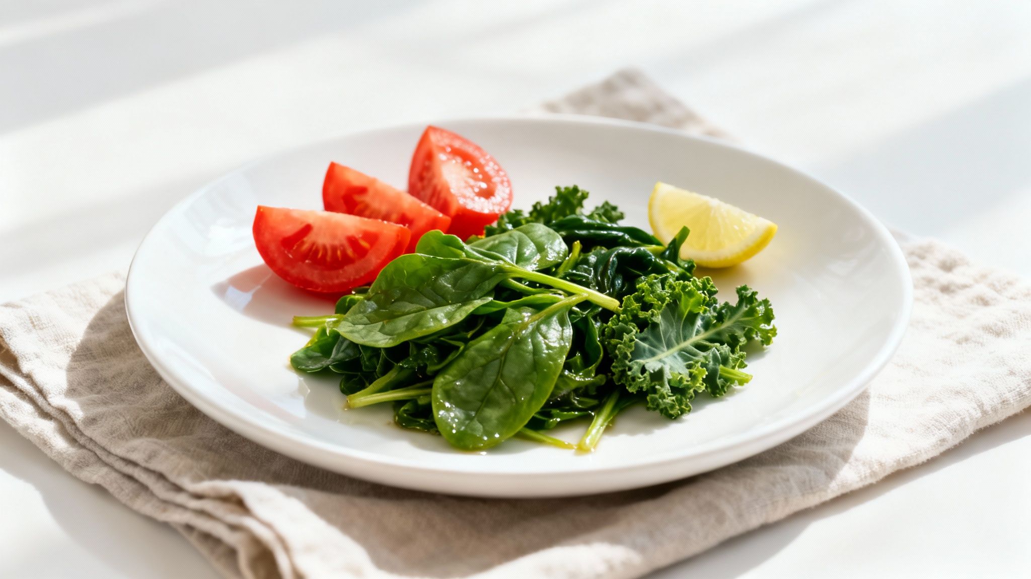 A white plate holds a vibrant green salad with spinach, kale, tomato wedges, and a lemon slice.