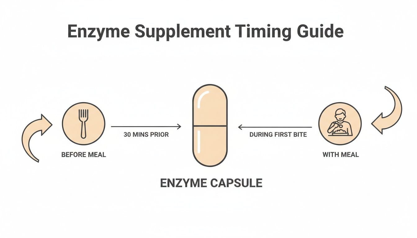 Enzyme supplement timing guide with options: 30 minutes before or with the first bite of a meal.