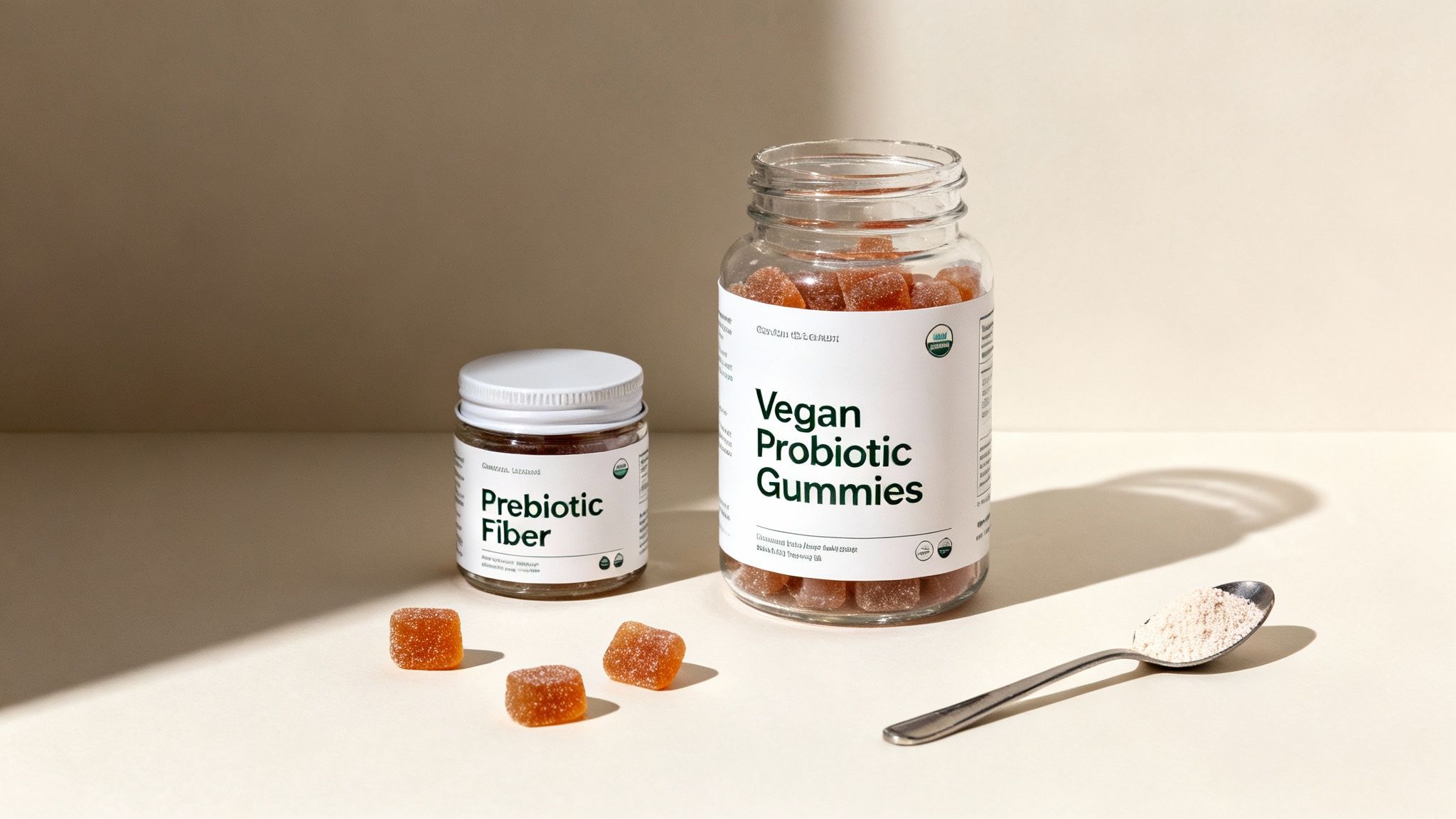 Two jars of gut health supplements, 'Prebiotic Fiber' and 'Vegan Probiotic Gummies', with scattered gummies and a spoon of powder.