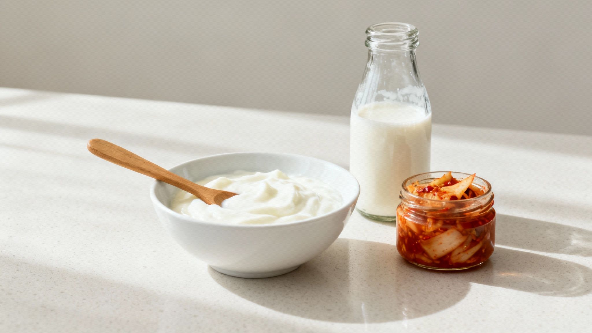 A close-up of fermented foods like kimchi and sauerkraut, common sources of probiotics.