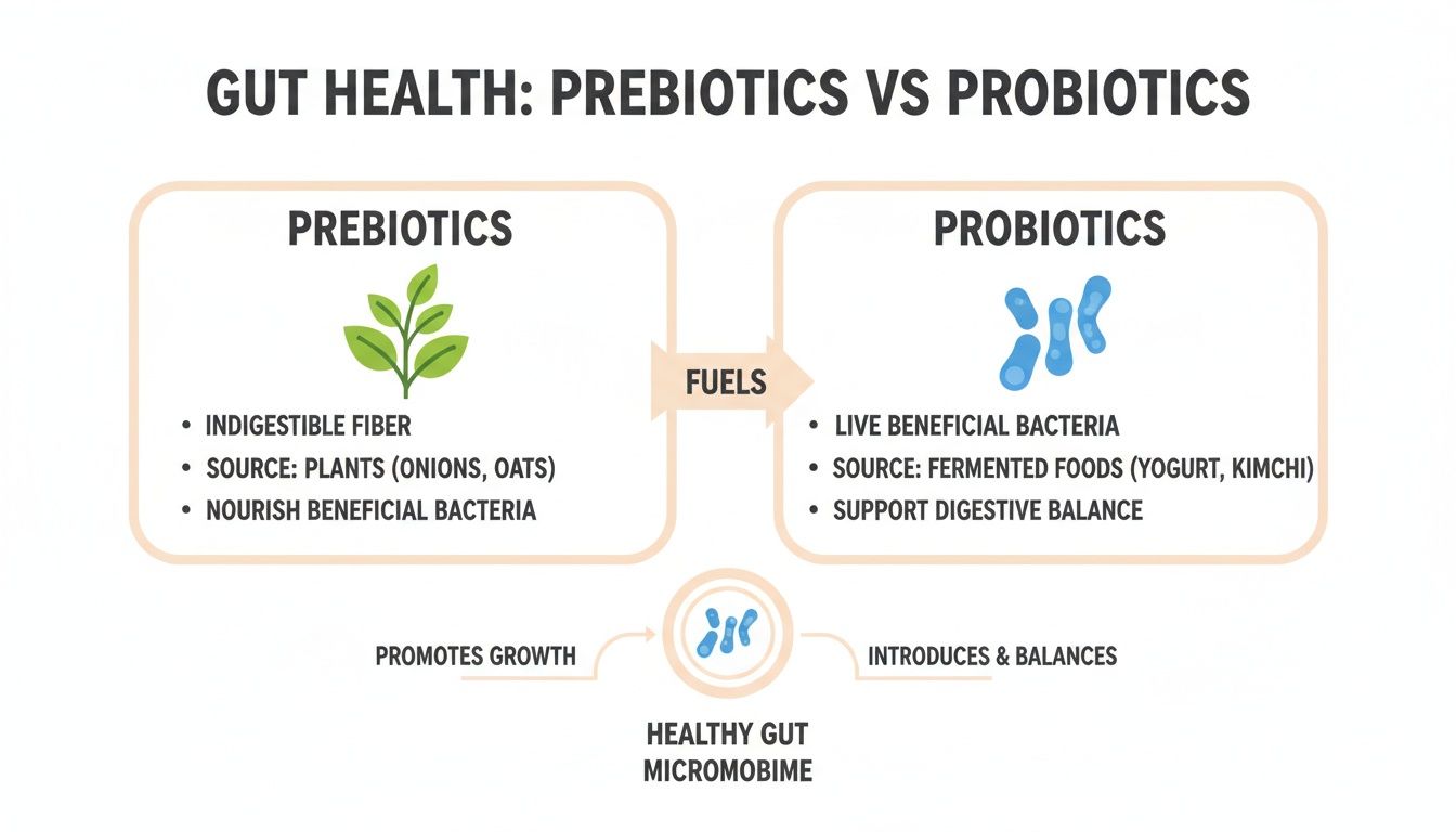 Infographic illustrating the differences between prebiotics and probiotics for maintaining a healthy gut microbiome.