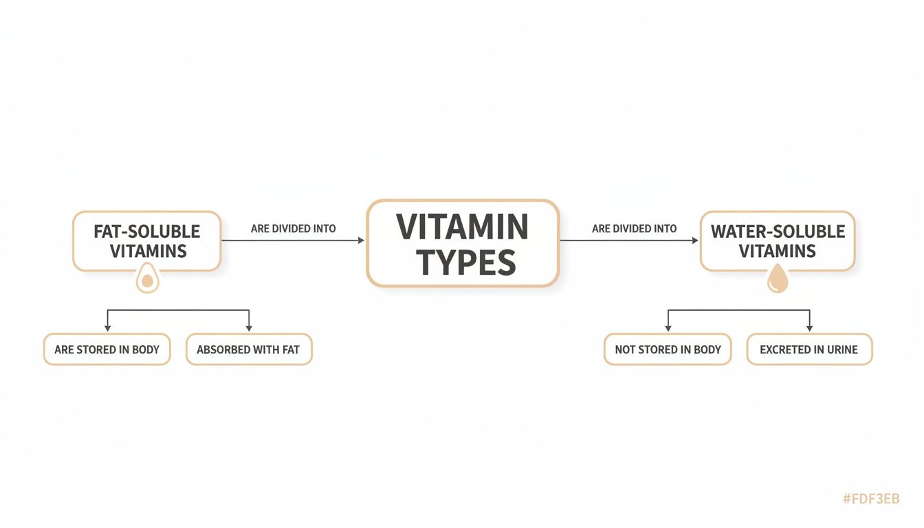 A flowchart categorizing vitamin types into fat-soluble and water-soluble with their respective characteristics.