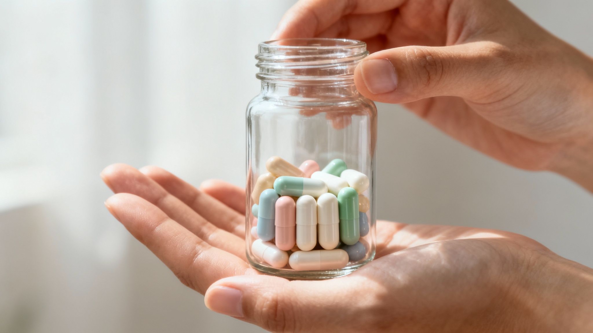 A vibrant image showing a variety of colorful probiotic capsules and healthy gut-friendly foods like yogurt and kimchi, representing diversity.