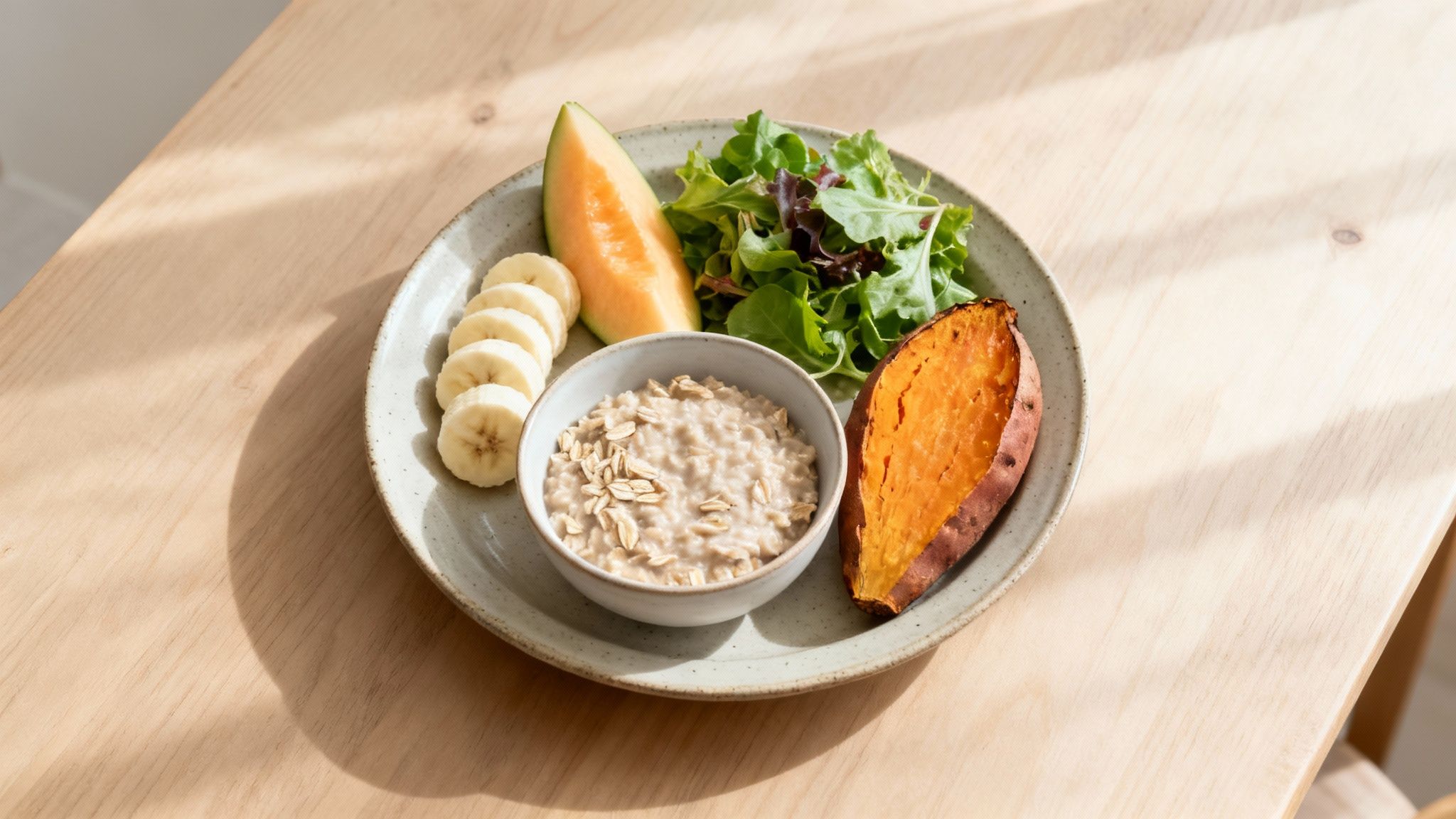 A balanced breakfast plate featuring oatmeal, sliced banana, cantaloupe, mixed greens, and a baked sweet potato.