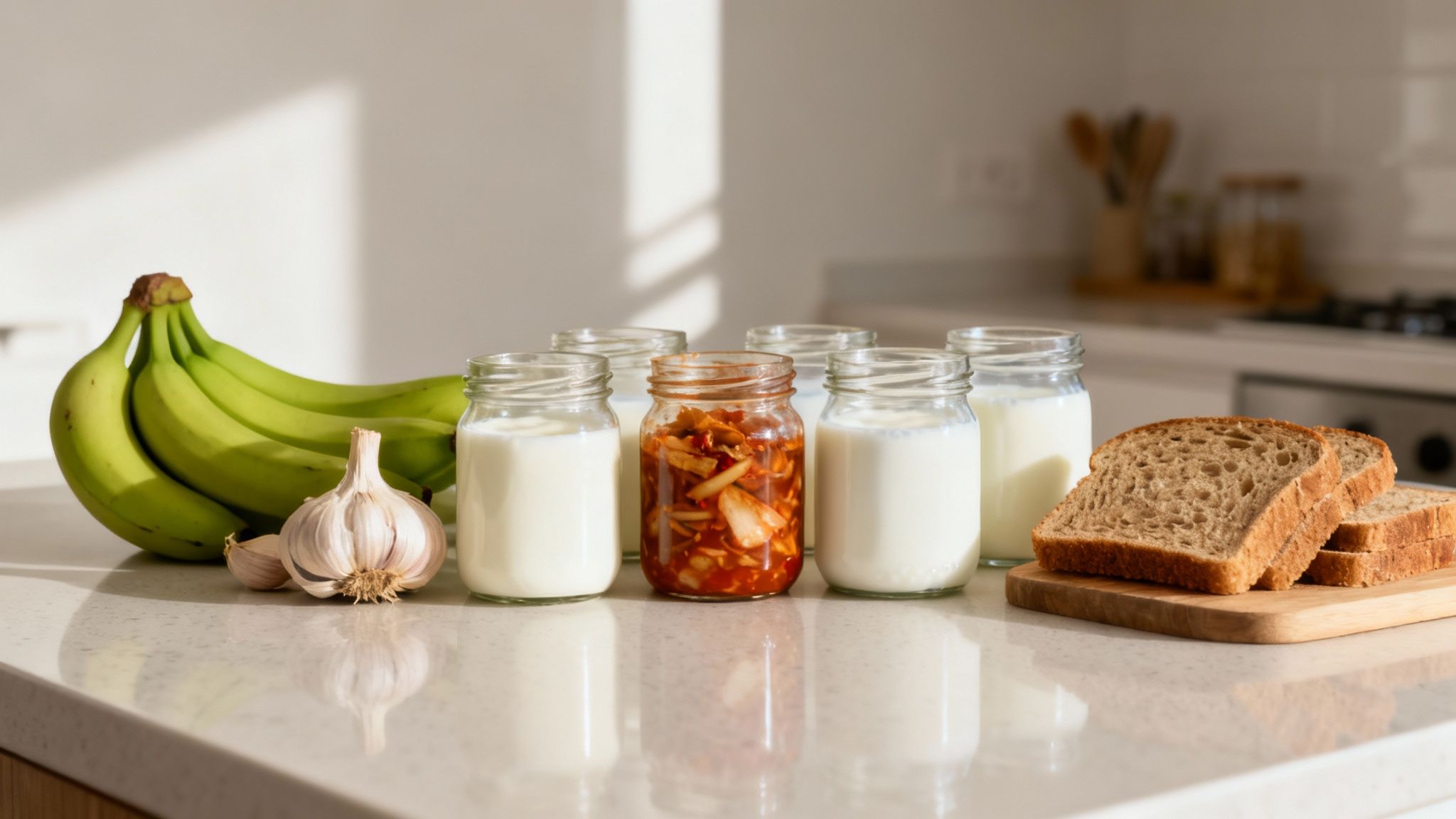 A colorful array of fruits, vegetables, and fermented foods on a kitchen counter.