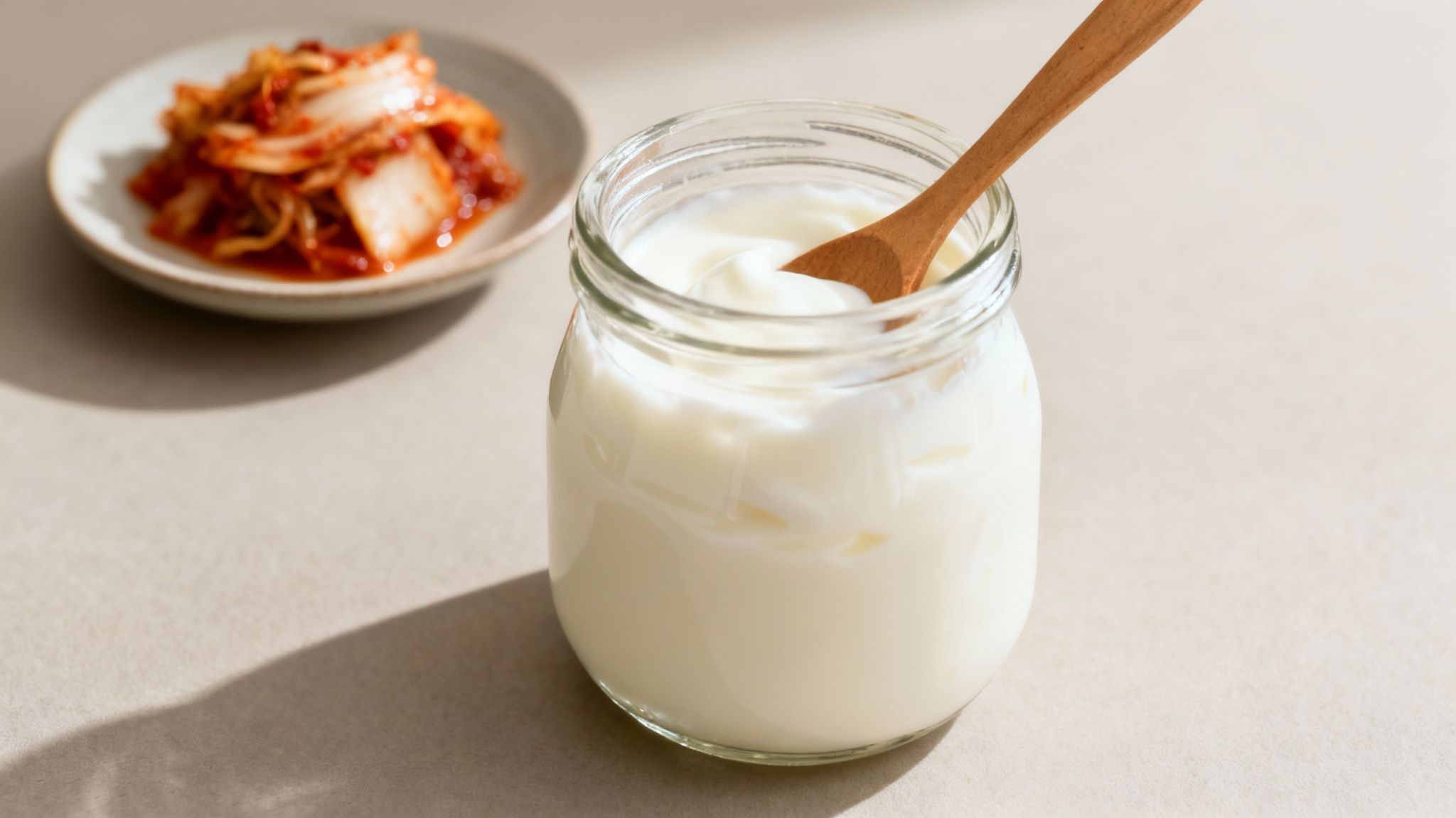A clear glass jar of white yogurt with a wooden spoon, next to a blurred plate of red kimchi.