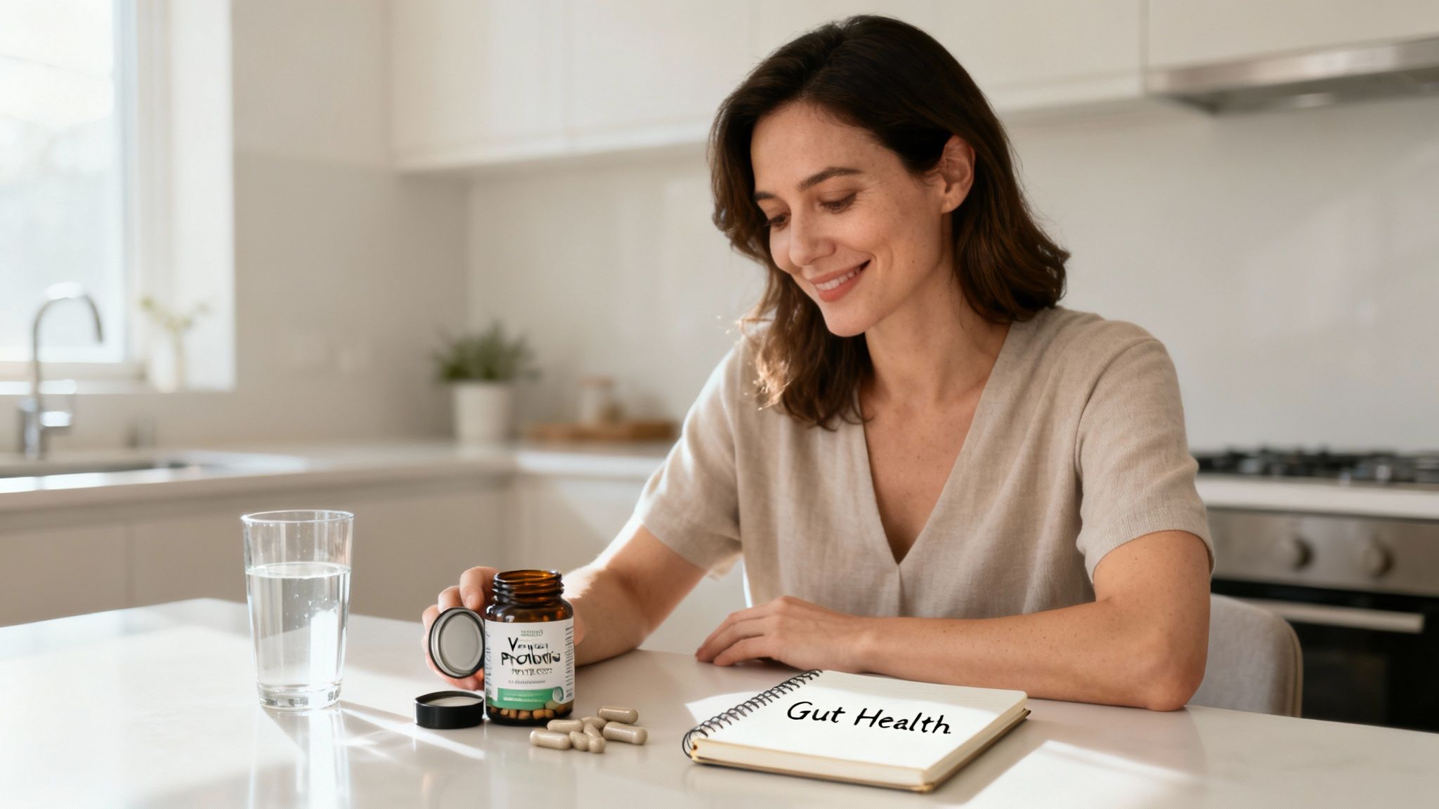 A smiling woman holds a vegan probiotic bottle and capsules on a kitchen table with a 'Gut Health' notebook.