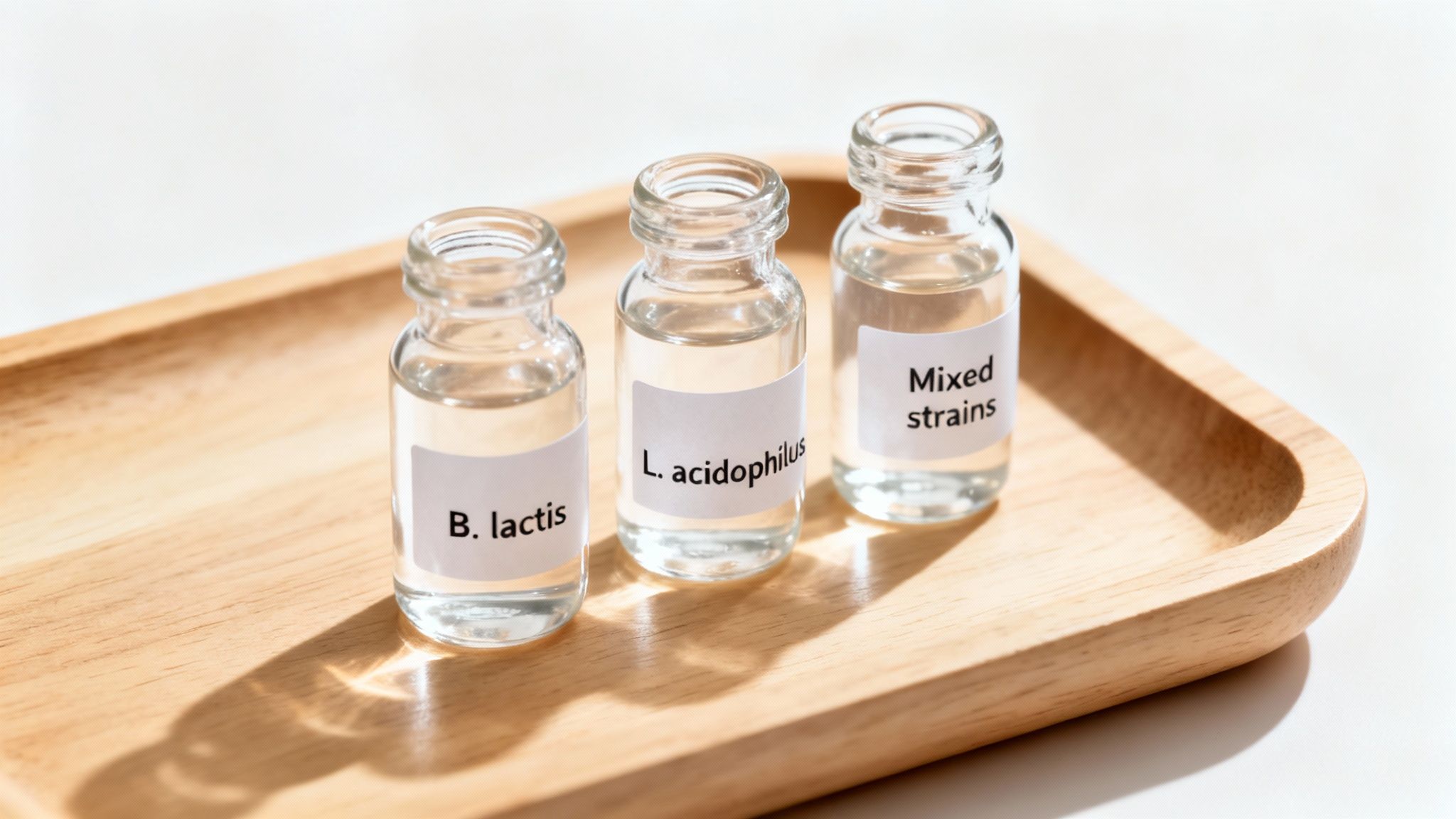 Magnifying glass over a probiotic capsule, highlighting the different strains.