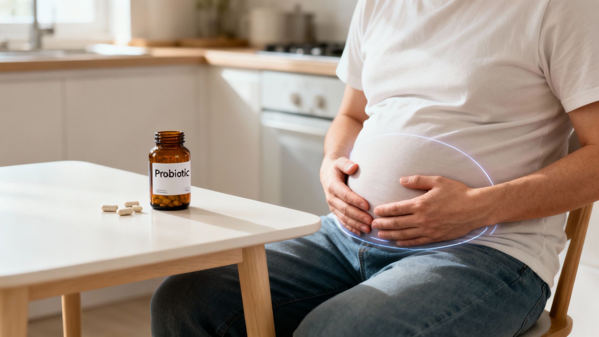 Person with bloated stomach holding belly next to probiotic bottle, suggesting gut health relief.