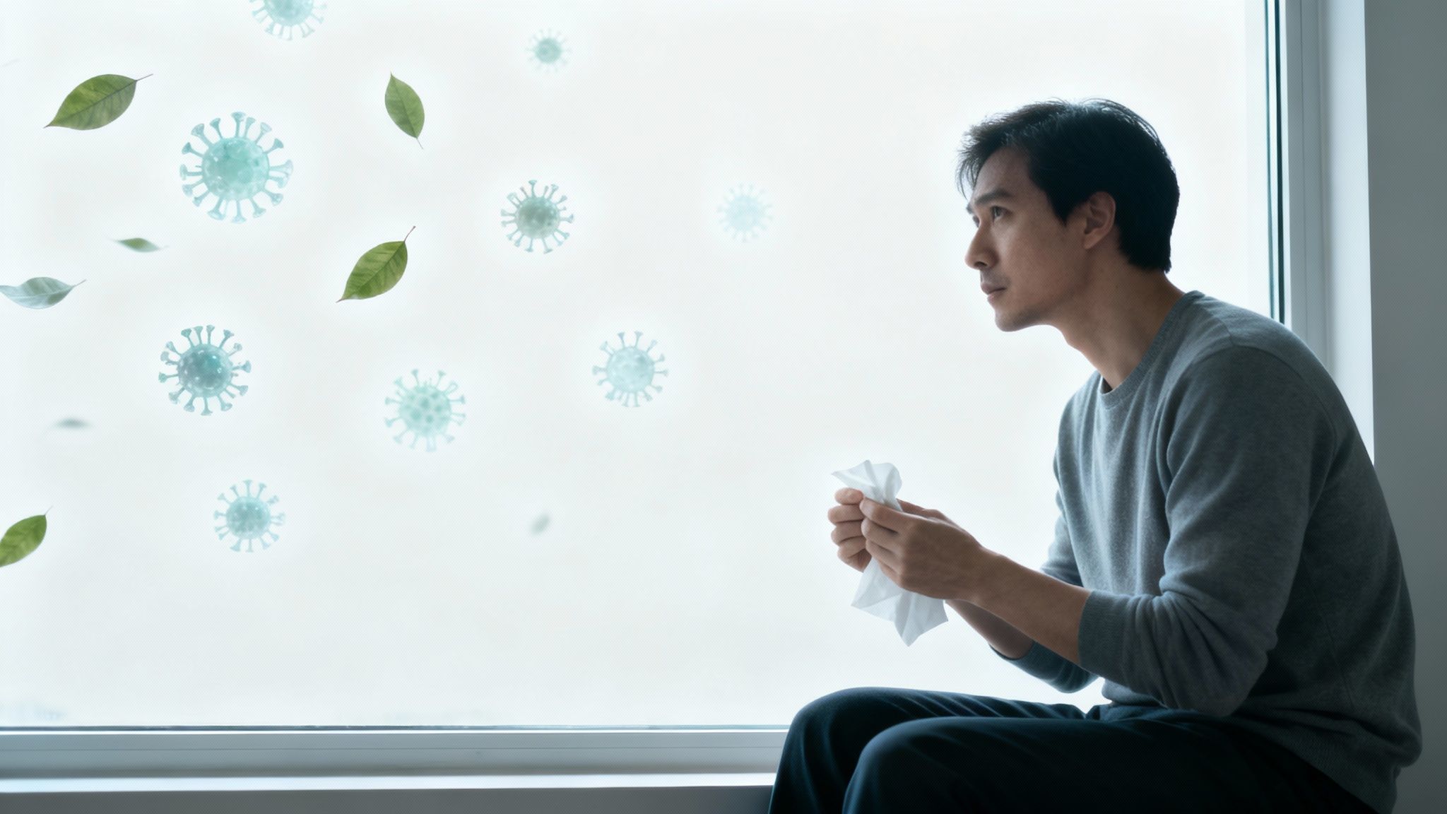 A man with a tissue looks out a window at floating virus particles and green leaves, symbolizing allergies or illness.