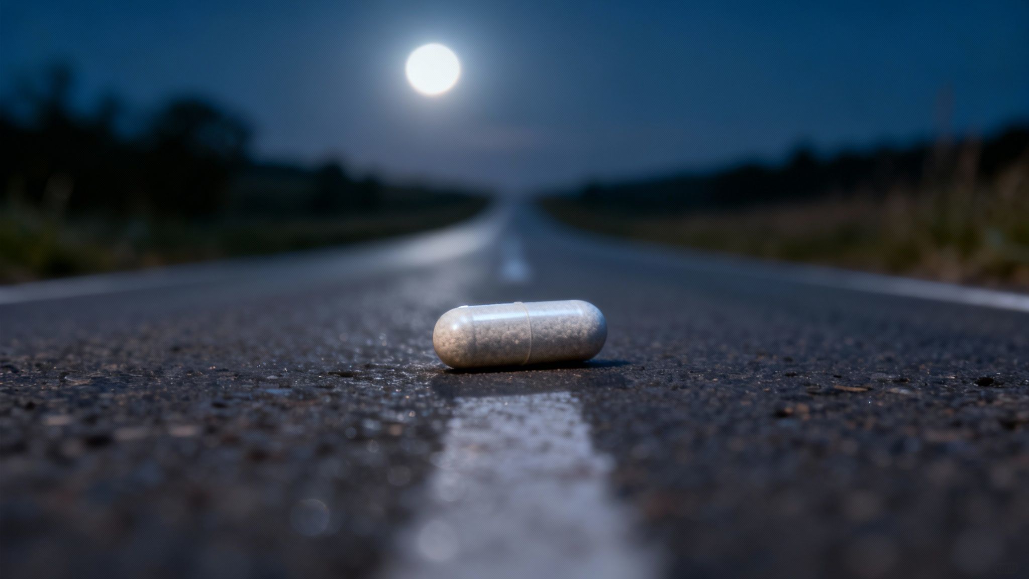 A solitary probiotic capsule lies on a dark, wet road at night under a glowing full moon.