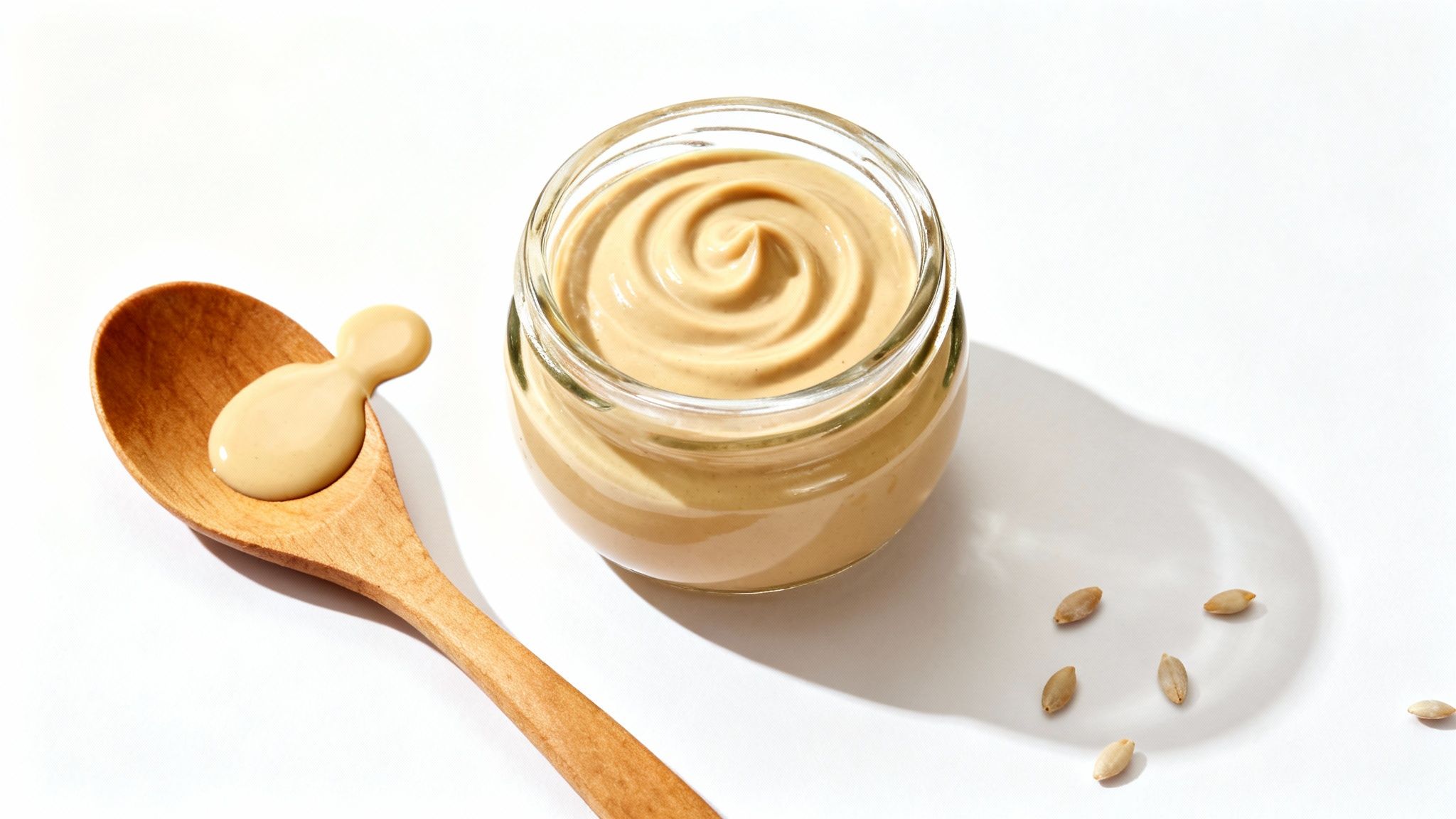Creamy pumpkin seed butter in a glass jar, a spoon with a dollop, and seeds on a white background.