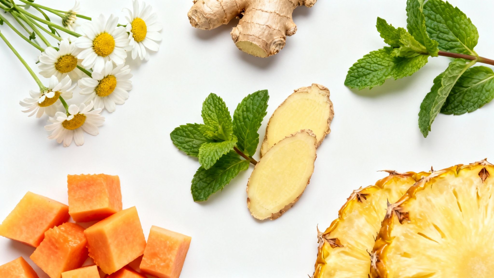 A soothing image of herbs like ginger, peppermint, and chamomile arranged artfully.