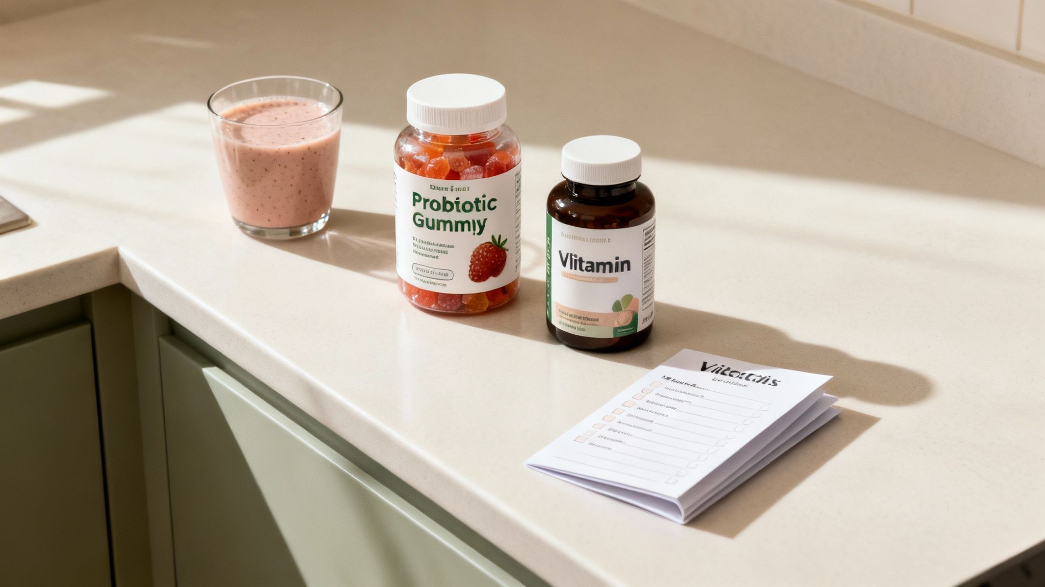 Probiotic gummies, vitamins, and a smoothie on a modern kitchen counter with a health checklist.