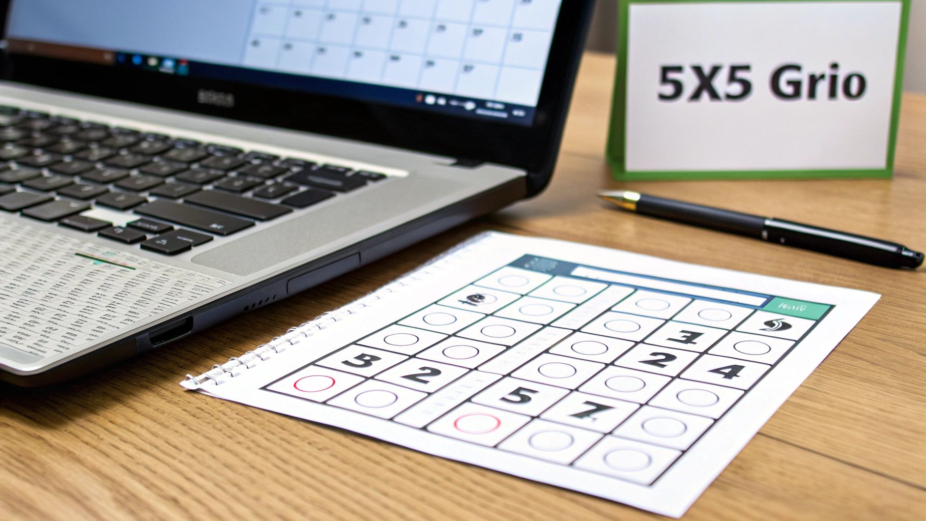 A laptop, a 5x5 Grio puzzle game sheet, and a pen on a light wooden desk