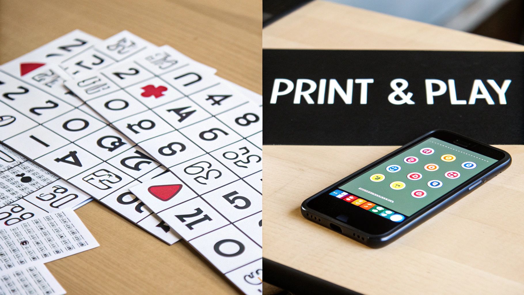 Bingo-like cards and a smartphone with an app lie on a wooden table near a PRINT & PLAY sign
