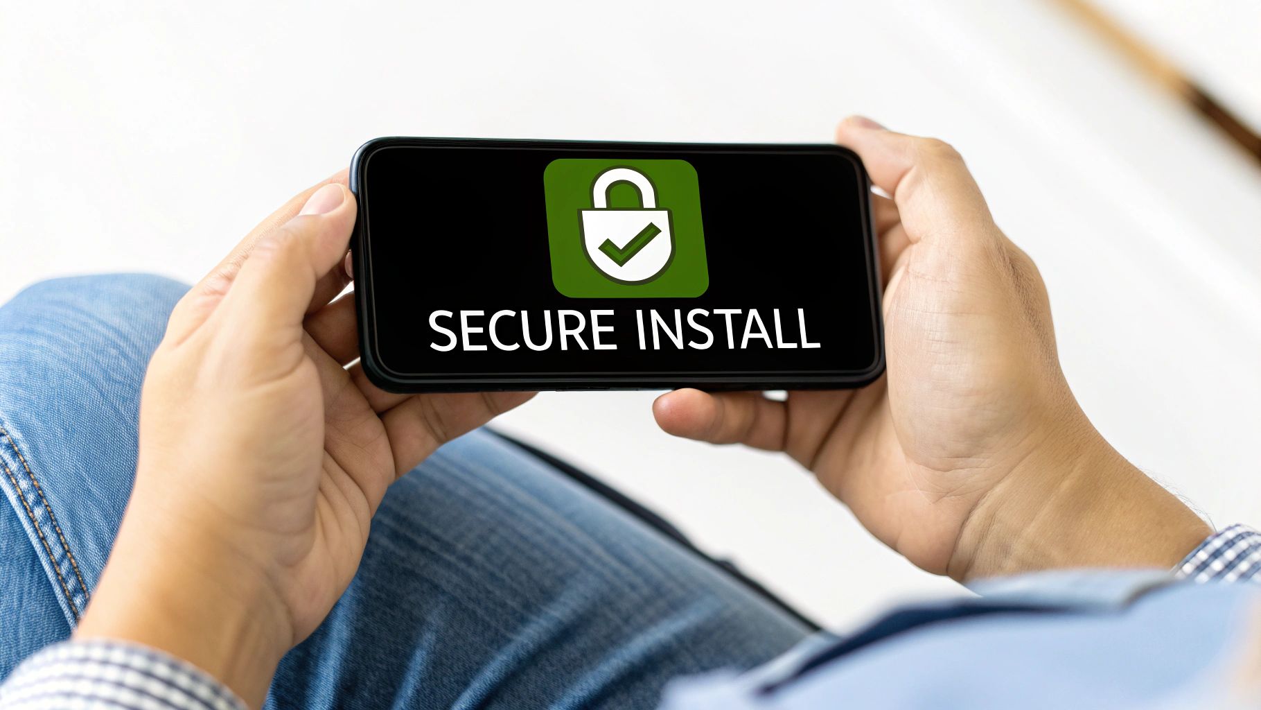 Smartphone displaying Secure Install with a padlock icon.