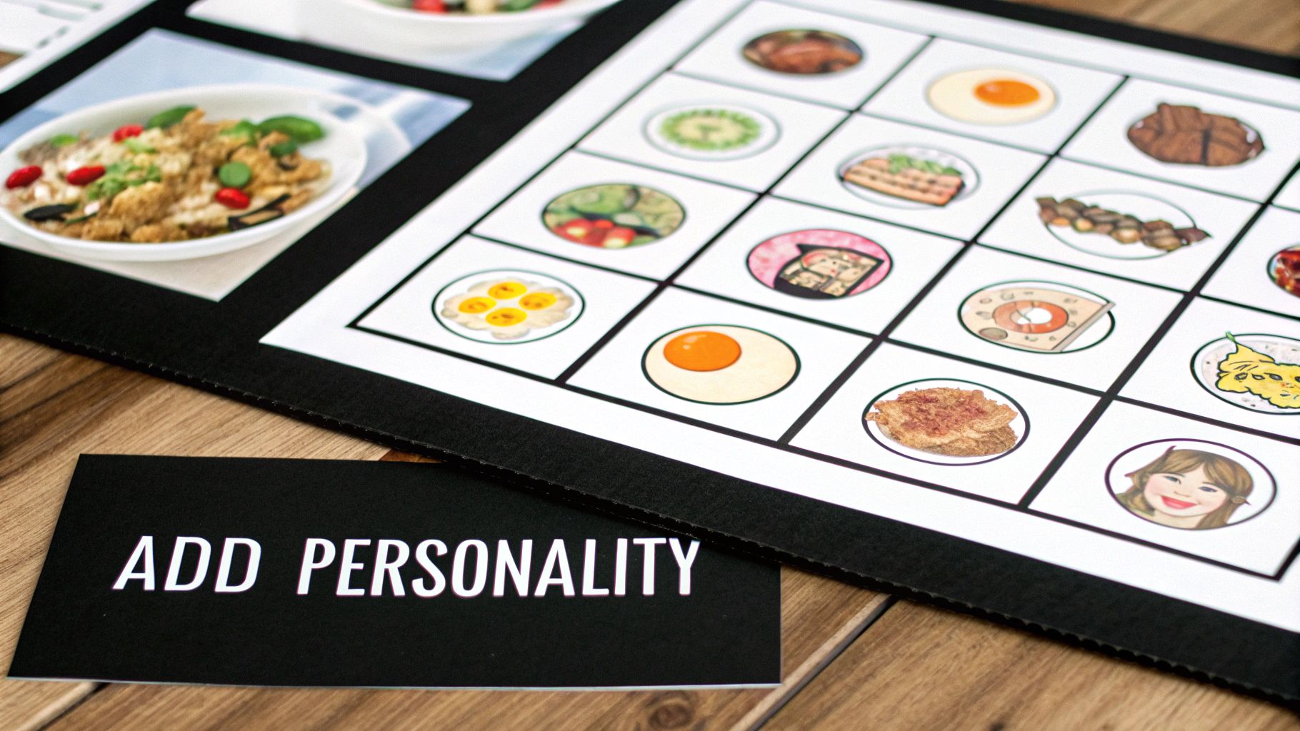 Close-up of a food choice board game with various dish icons and a ADD PERSONALITY card