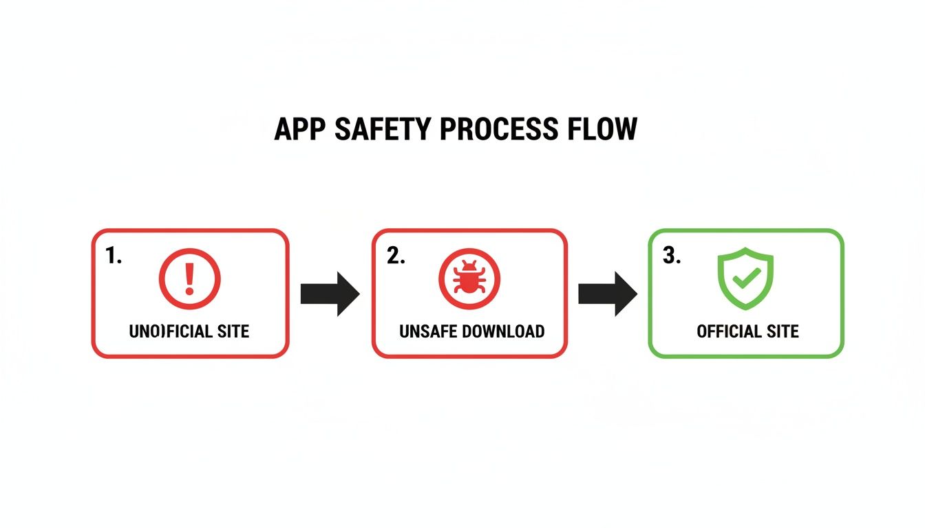 Diagram showing the safety flow from official sites vs unsafe downloads.
