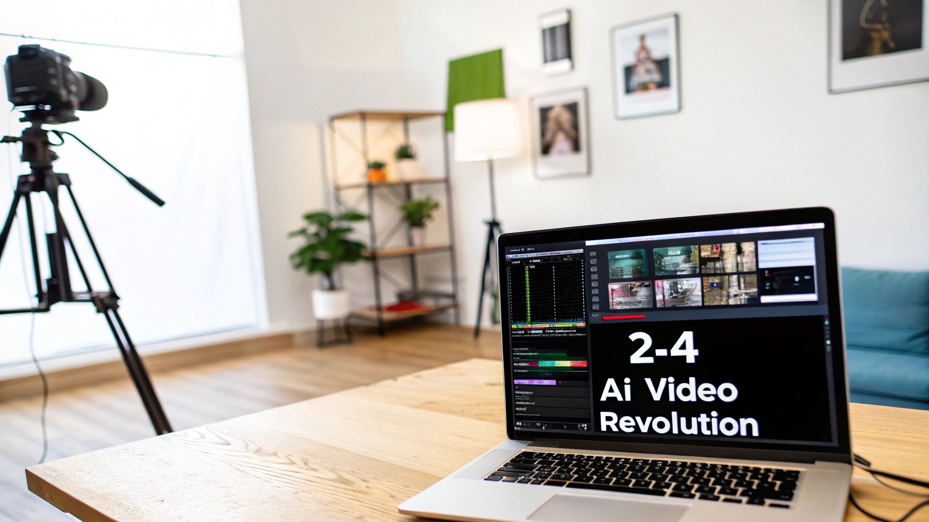 Laptop displaying video editing software with AI revolution text and camera on tripod in modern studio