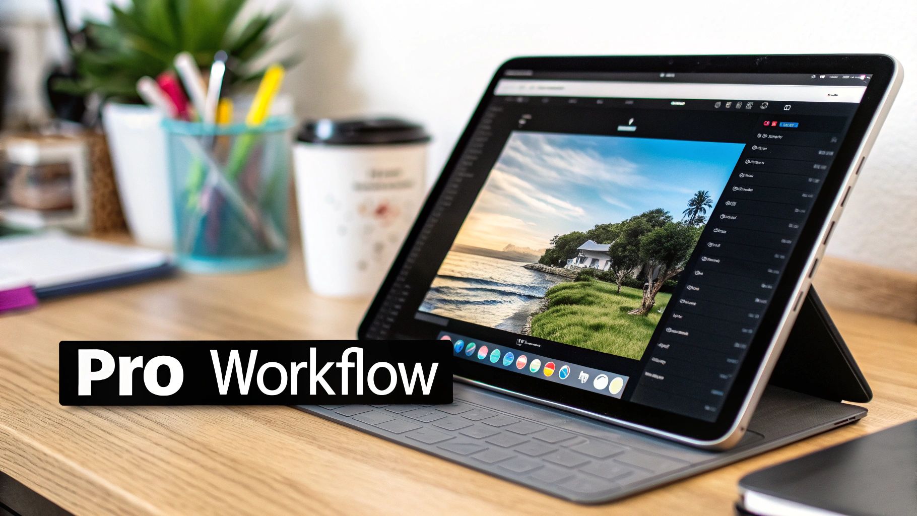 iPad Pro displaying photo editing software with coastal landscape scene in professional workspace