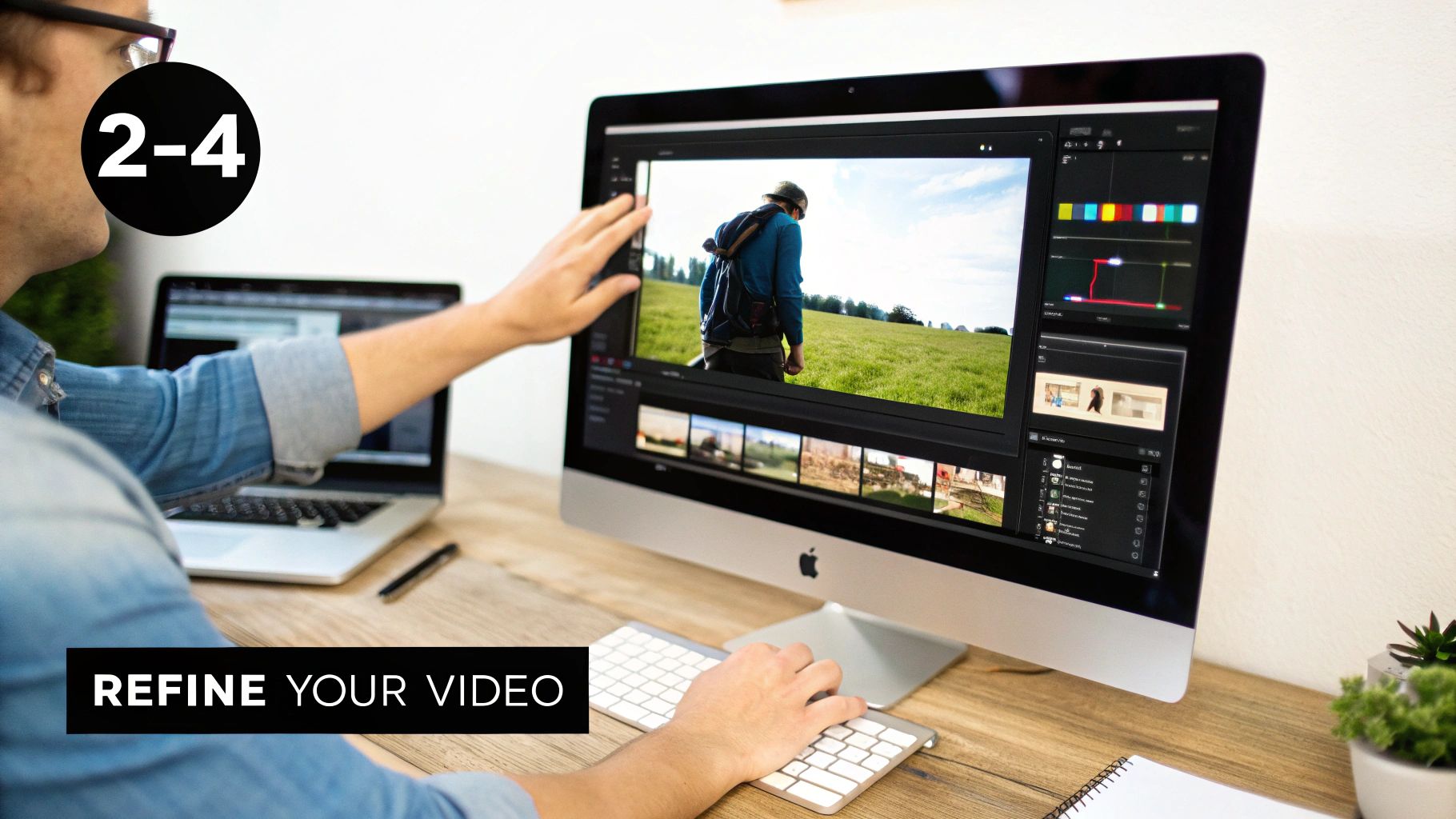 Video editor working on computer monitor refining footage of hiker in outdoor scene